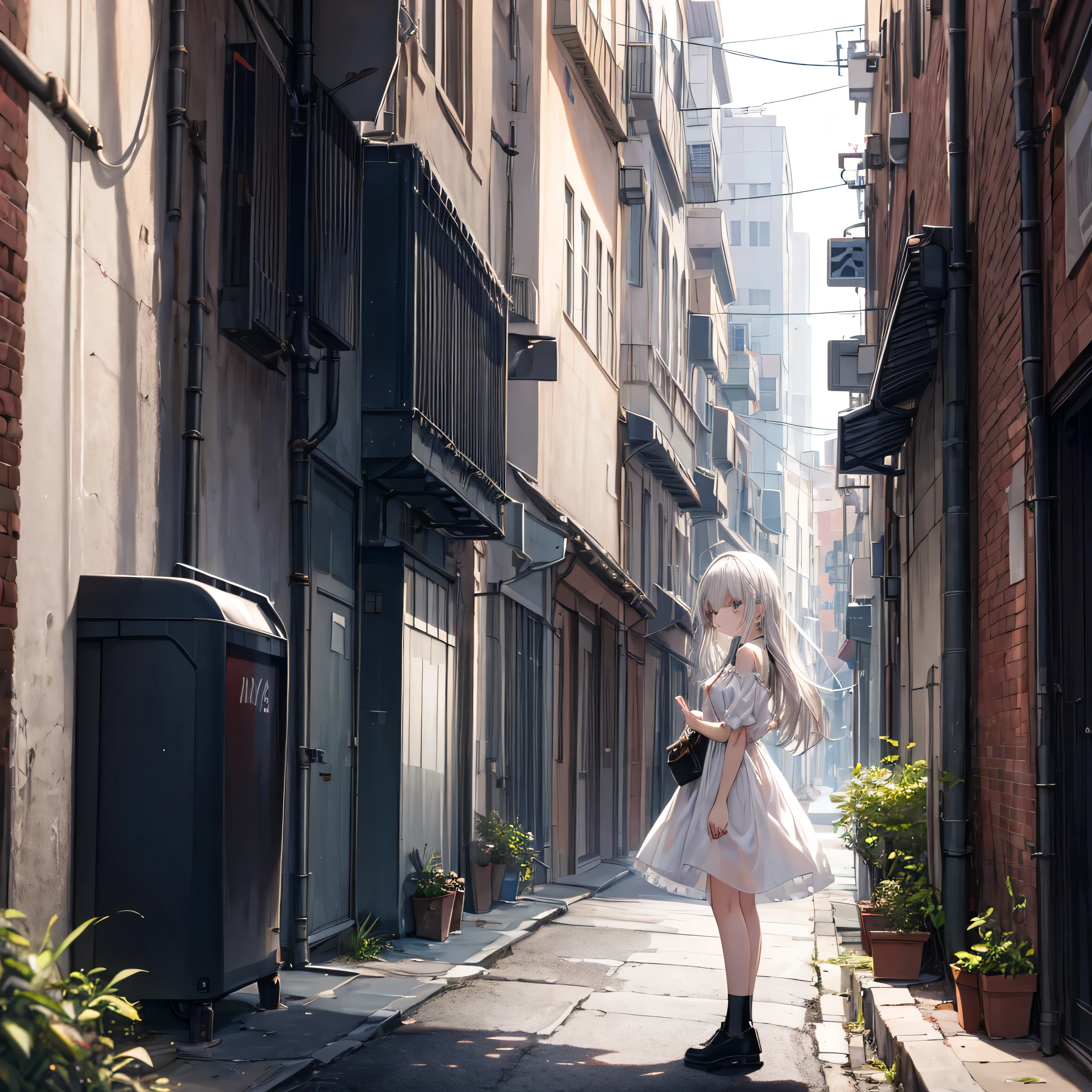 ((masterpiece, Highest quality)),girl, alone, dress, Are standing, Hello, alley, Outdoor, bangs, white dress, Gray Hair, Long Hair, Black footwear, Industrial Pipes, View your viewers, Air conditioning,Dim lighting, garbage, garbage bin, hxh2011