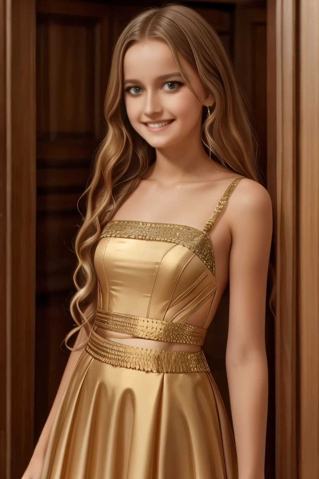 1 girl 18 years old, bronze, complexion with, fair, very long hair wavy hair, small bare breasts with erect nipples, blonde hair, Brown eyes, jewelry, Whole body, sexy body, she wears a short translucent skirt legs open, red realistic, sitting on the terrace