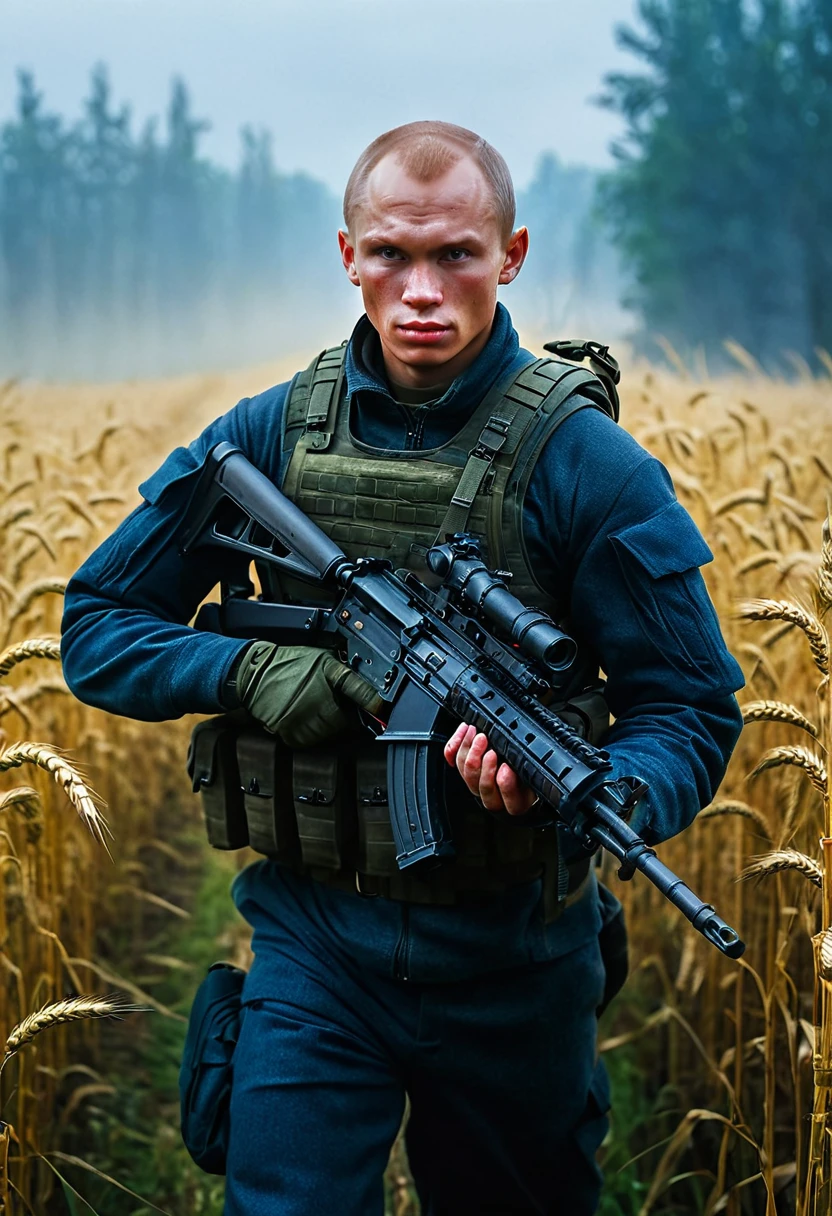 Masterpiece cinematic photo, photograph cinematic photo a russian A soldier (close-up) with a weapon in his hands , ultra detailed, ultra sharp, ((best quality, симметрия)), ((masterpiece)), Walking through a rye field, ripe rye, morning, fog, photograph, film, bokeh, professional, 16k , oil and watercolor painting, dark, chiaroscuro