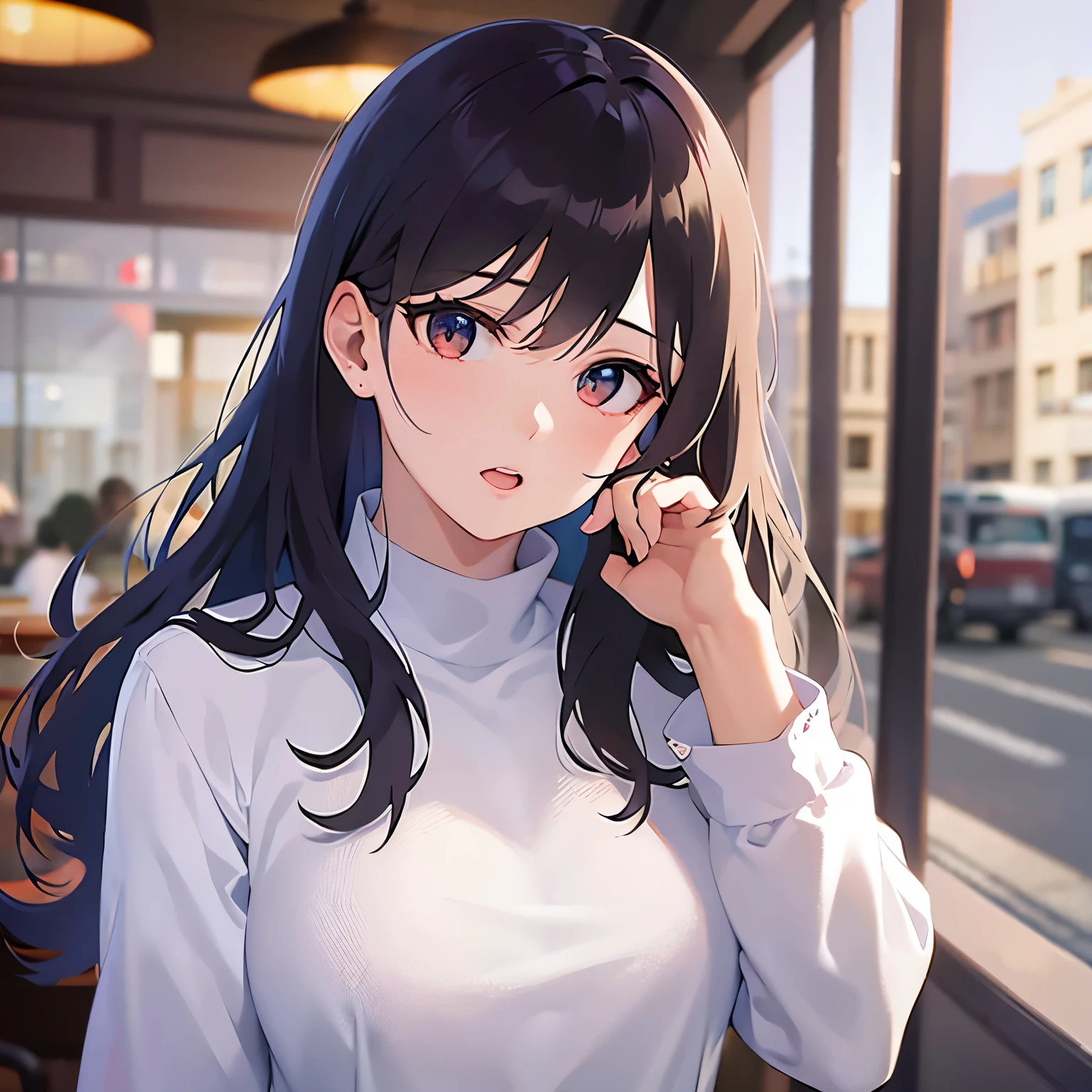 （looking at viewer:1.5）,Upper Body, covering mouth with hand、Realistic, real person, (pale skin: 1.2), RAW photo, photorealistic, shiny skin, shiny hair、 (A 25-year-old woman with medium-length hair and bangs) and (wavy hair) and (brown hair) and (orange eyes) 、 surprised,open mouth、White long sleeve dress、The background is inside the restaurant