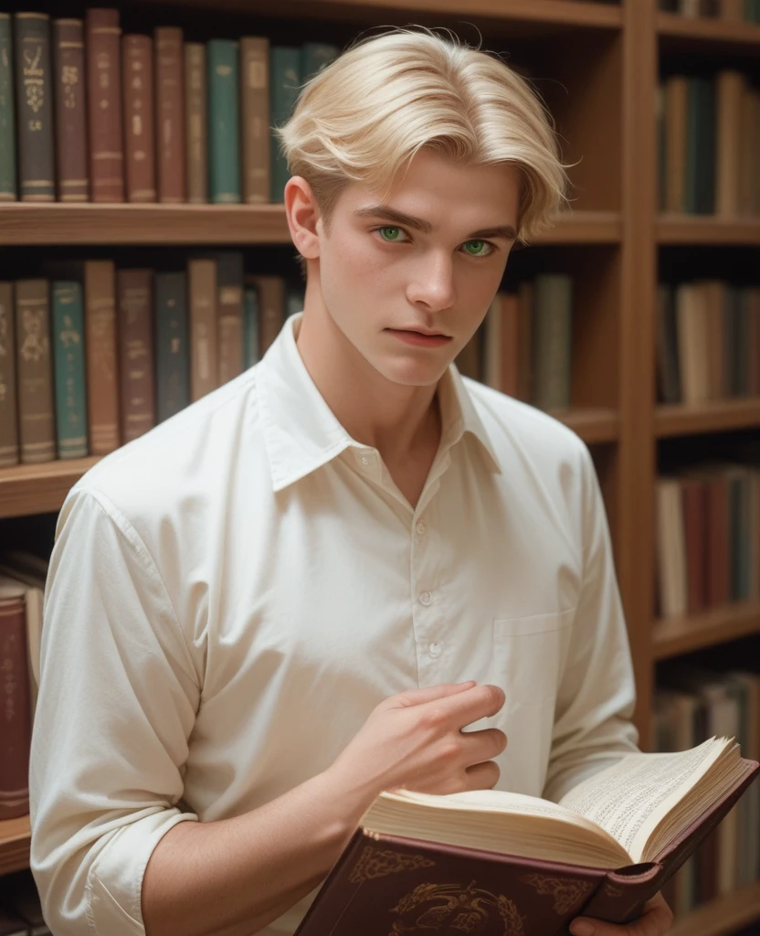 A Caucasian male, aged 20 years, with very light blonde hair a bit long, and green eyes standing in a library and looking at me, with Ernest Hemingway's book Islands in the Streams in his hand.