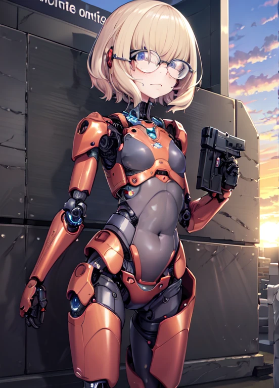 ((Highest quality)), ((Very detailed)), masterpiece, Absurd, (Detailed eyes, Deep Eyes), (One girl), (Glasses), Dynamic pose, Cowboy Shot, Very wide shot, ((petticoat)), ((cyborg)), cybernetics, Robot limbs, (rust_(Material)), belly button, Light, About LEDs, Doll-like joints, Small breasts, armor, Possession of a gun, (Outdoor, At the mausoleum, sunset), Full Body Shot,
