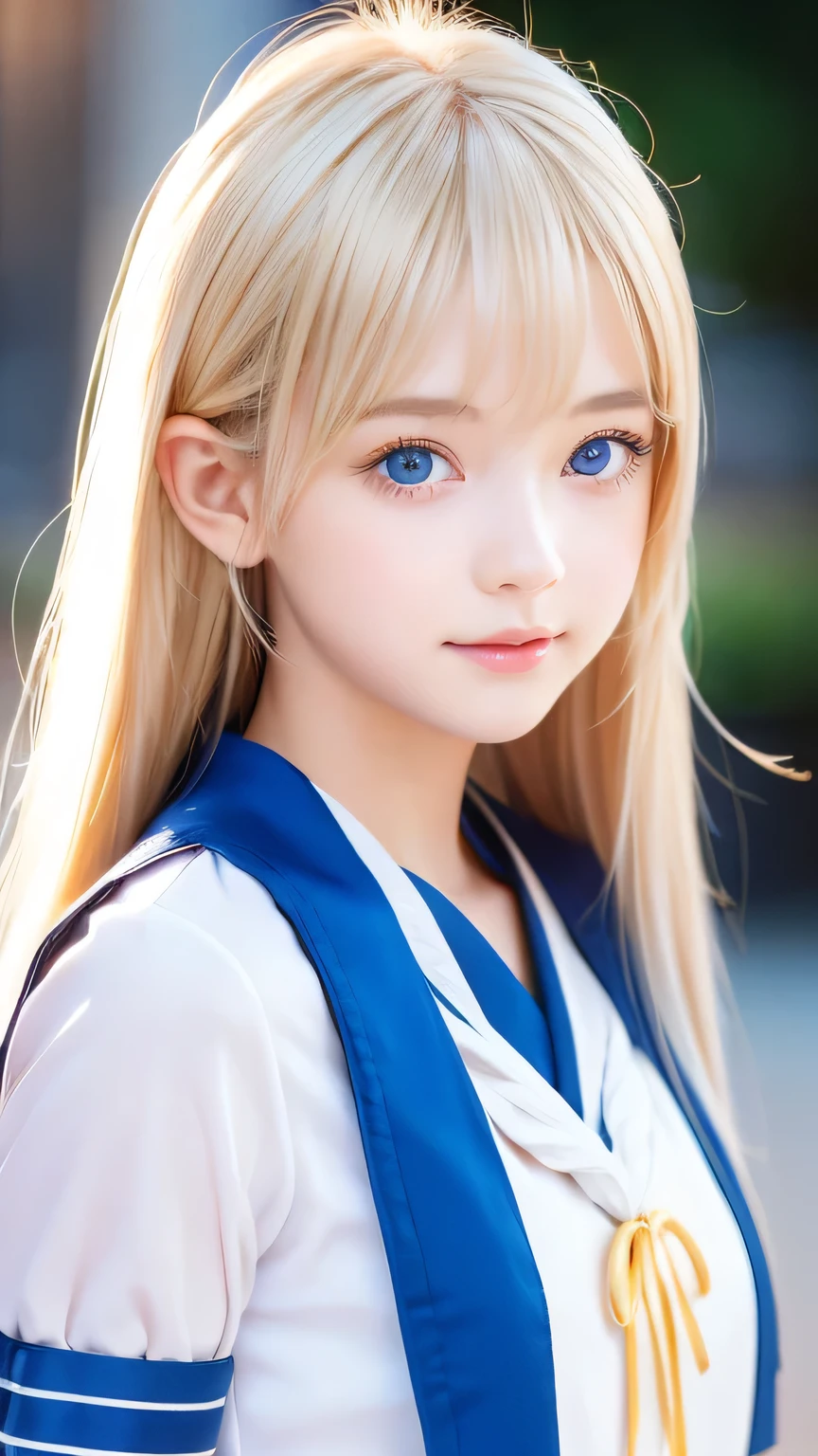 Bust Shot、The most beautiful girls of Nordic、Beautiful, lustrous silk skin that shines white like snow、16 years old、Adorable cute beautiful face、(Bright expression)、Beautiful eyes and shiny blonde hair between the eyes、Beautiful large, very bright light blue eyes covered by bangs、Cute beautiful young woman。Golden, bright, straight, platinum blonde, silky, super long hair、A beautiful girl who looks great in a Japanese sailor uniform、Cheek highlighter、Small Face Beauty、Round face
