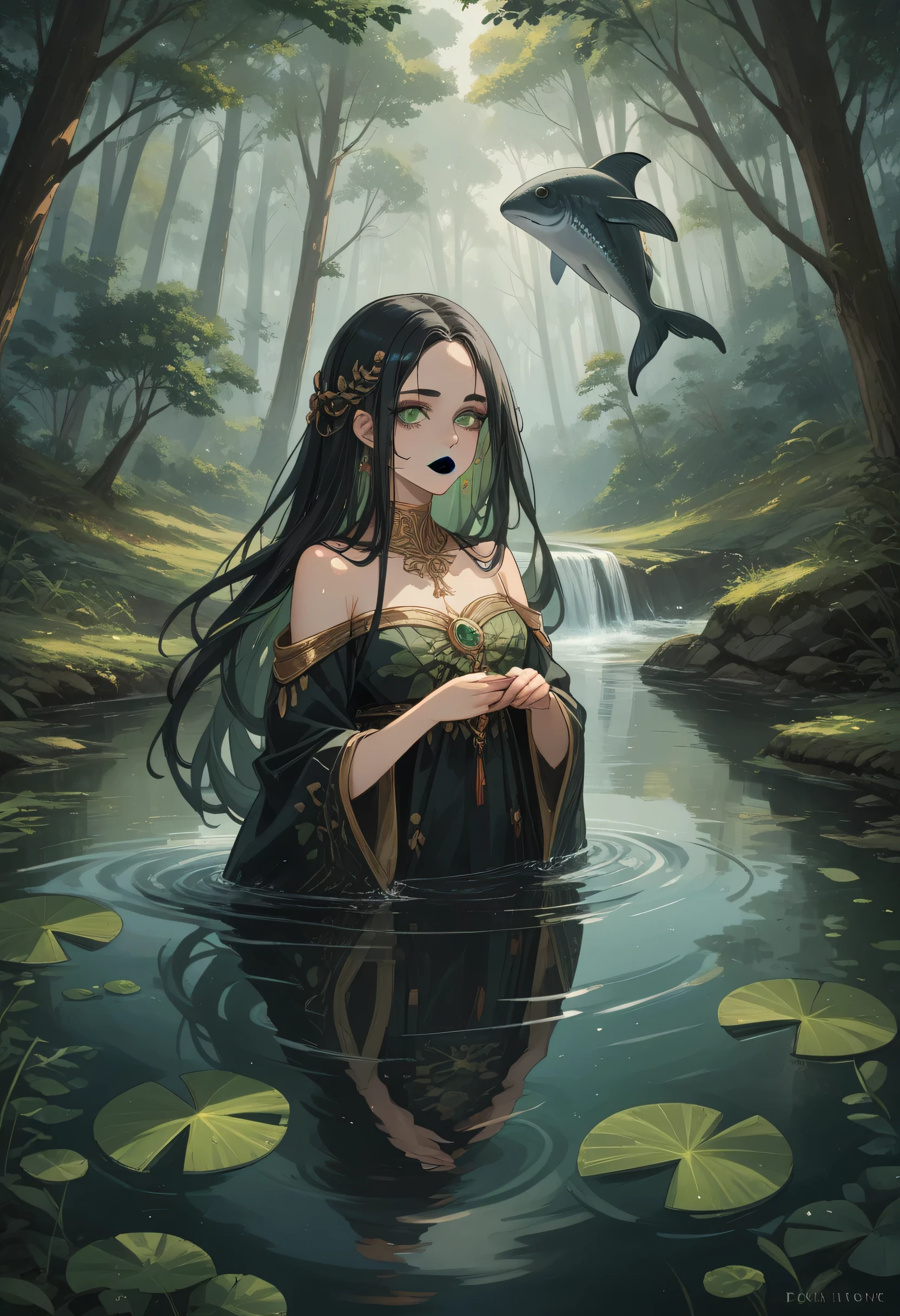 Girl 1, Around the fog and the mystic,Natural river in ancient forest, mirror reflection on the river,gorgeous beautiful face, Neckline with leaves and splashes of water,black makeup and black lipstick, dark atmosphere,Clear colors,long hair,Fishes swim in the river,standing in the water,clear detail,bright green eyes,Dressed in Lightweight Patterned Fabric, Got wet from water,Hands lead on water,Forming a small ripple,Clear drawing,Not Common Colors,a mystic,Black purple,Image of a Beauty with a Perfect Body,Like a Goddess, An unimaginable masterpiece,Clear Details and Rendering,Maximum Quality,8k Ultra Detail