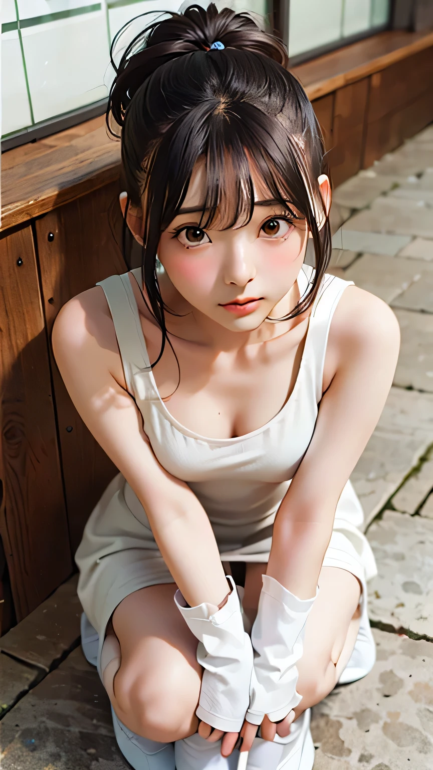 8K quality、High resolution、Realistic skin texture、High resolutionの瞳、A woman with a mature appearance、Japanese summer high school girls uniform、Princess Hair、thin、Realistic Female Genitalia、Small and young breasts、Realistic tongue、Beautiful cleavage、Brown Hair、blue eyes、thin脚、Sweating profusely、Sweat accumulates in the chest、Evening schoolyard、Bare feet、Sit on the ground