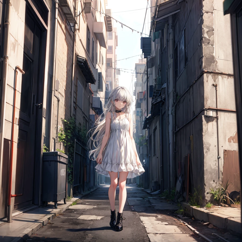 ((masterpiece, Highest quality)),girl, alone, dress, Are standing, Hello, alley, Outdoor, bangs, white dress, Gray Hair, Long Hair, Black footwear, Industrial Pipes, View your viewers, Air conditioning,Dim lighting, garbage, garbage bin, hxh2011 