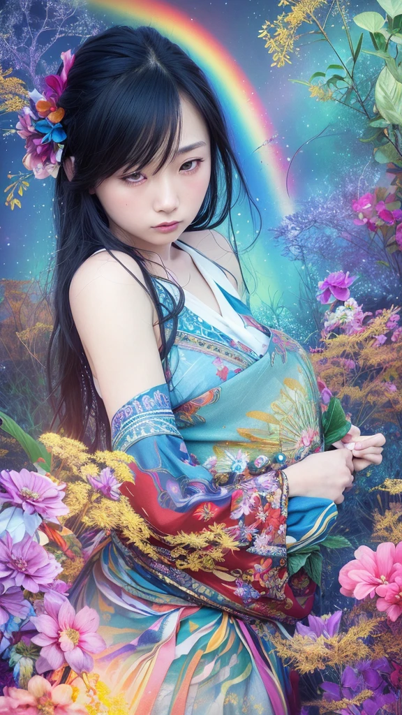 Beautiful Japanese Woman, (masterpiece: 1.2), (Highest quality), 4K, Very detailed, (moving composition: 1.4), Very detailed, Colorful details, (Rainbow colors: 1.2), (Bright lighting, Atmospheric lighting), dream-like, magic, (alone: 1.2) ,