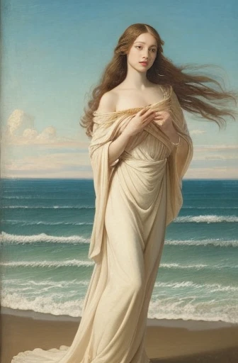 sensual woman, with completely white skin, with light blue eyes, with straight, copper-colored hair, totally naked, walking through the steep hills, under a stormy sunset, under a light blue light, painted by William Adolphe Bouguereau