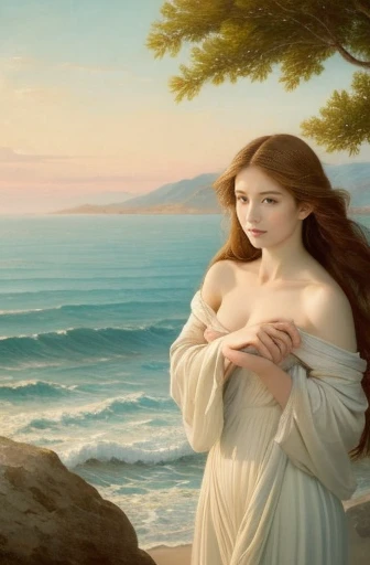 Create an image of a classical, Renaissance-style painting depicting a beautiful woman standing gracefully on a large seashell. The woman has long, flowing golden hair partially covering her body, with a serene expression on her face. Her right hand is placed over her chest, and her left hand covers her lower body. The setting is an ethereal, soft landscape with a calm sea in the background, light blue sky, and subtle floral elements floating around. The woman is positioned slightly to the right, standing on a large, open shell with gentle waves beneath it. The overall color palette should include soft pastels and gentle hues, characteristic of Renaissance art, with fine details in the woman's hair and the texture of the shell.