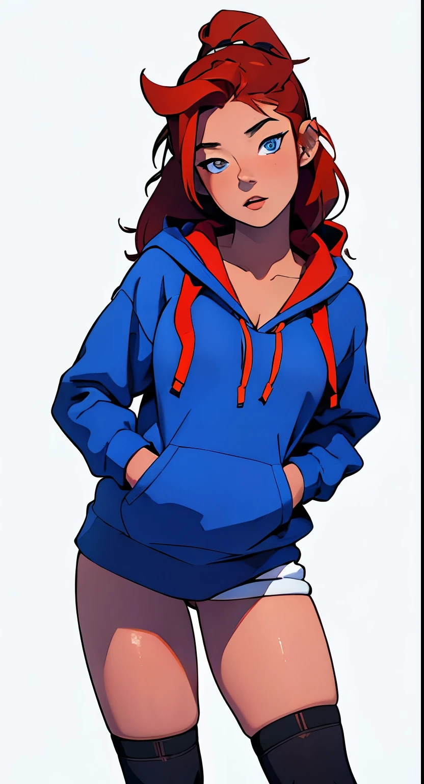 masterpiece, best quality, half body,1girl, highest image quality, 21-year-old woman, looks like Olivia Dunne, bright red hair, blue eyes, wearing a blue hoodie and thigh-high black socks, happy, large breasts, White background, empty background
