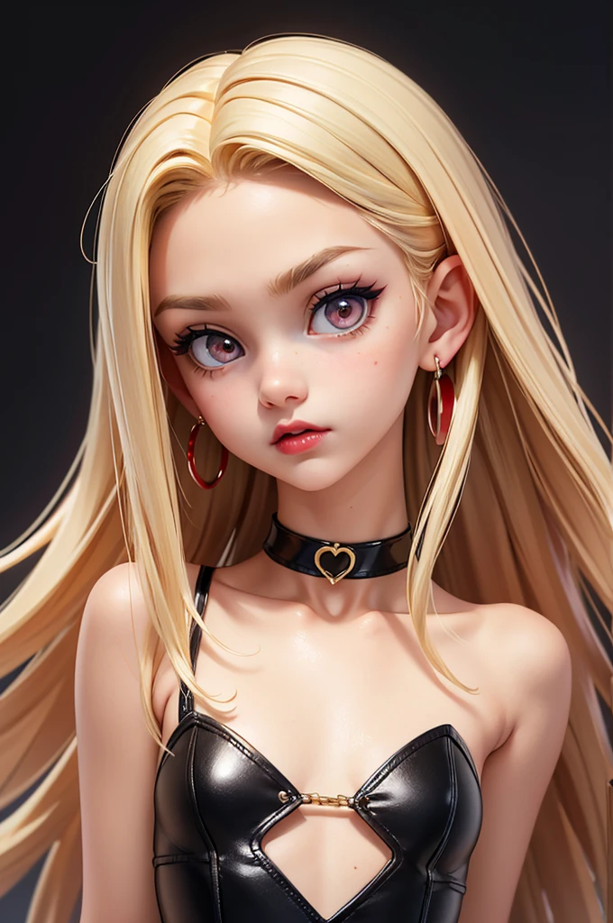 hyperrealistic 14 year old american , blonde, perfect tiny body, sexy, dark makeup, small choker, perfect slim face, big red lips, very cute face, tiny body, big eyes, young looking, childish looking, big earrings, full body, leotard