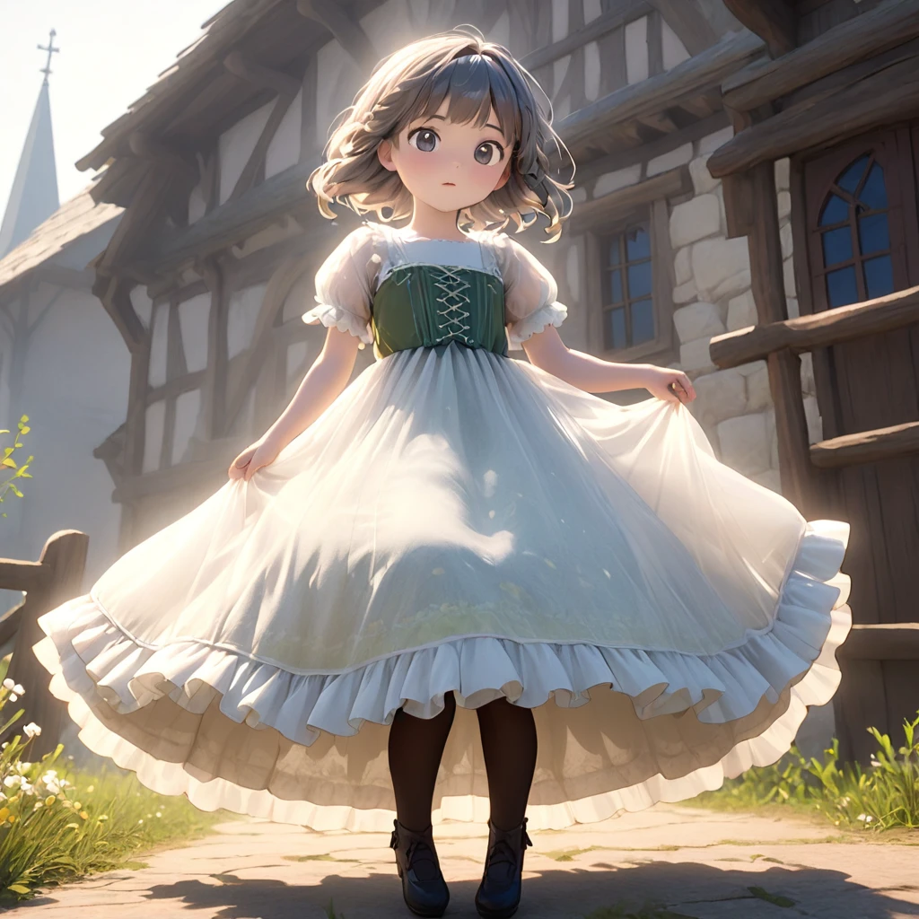 (Highly detailed CG Octane render 8k wallpaper), 8 year old girl underwear, Realistic cotton bloomers, Medieval translucent long dress with panniers, Fabric Realism, Low Angle,  Pull up the dress by hand, Strong winds, Translucent slip, Translucent slip, tights, Highest quality, whole body, I can see your thighs