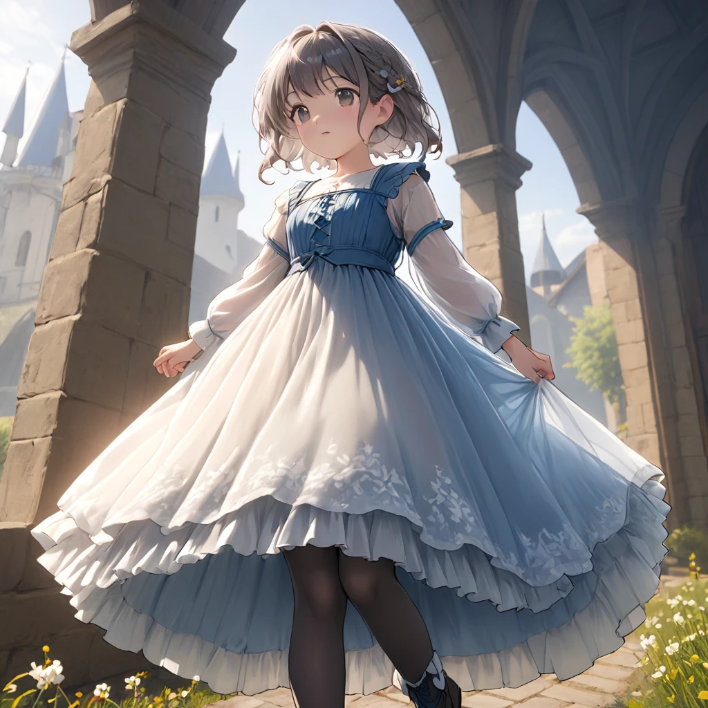 (Highly detailed CG Octane render 8k wallpaper), 8 girl underwear, Realistic cotton bloomers, Medieval translucent long dress with panniers, Fabric Realism, Low Angle, Pull up the dress by hand, Strong winds, Translucent slip, Translucent slip, tights, Highest quality, whole body, I can see your thighs