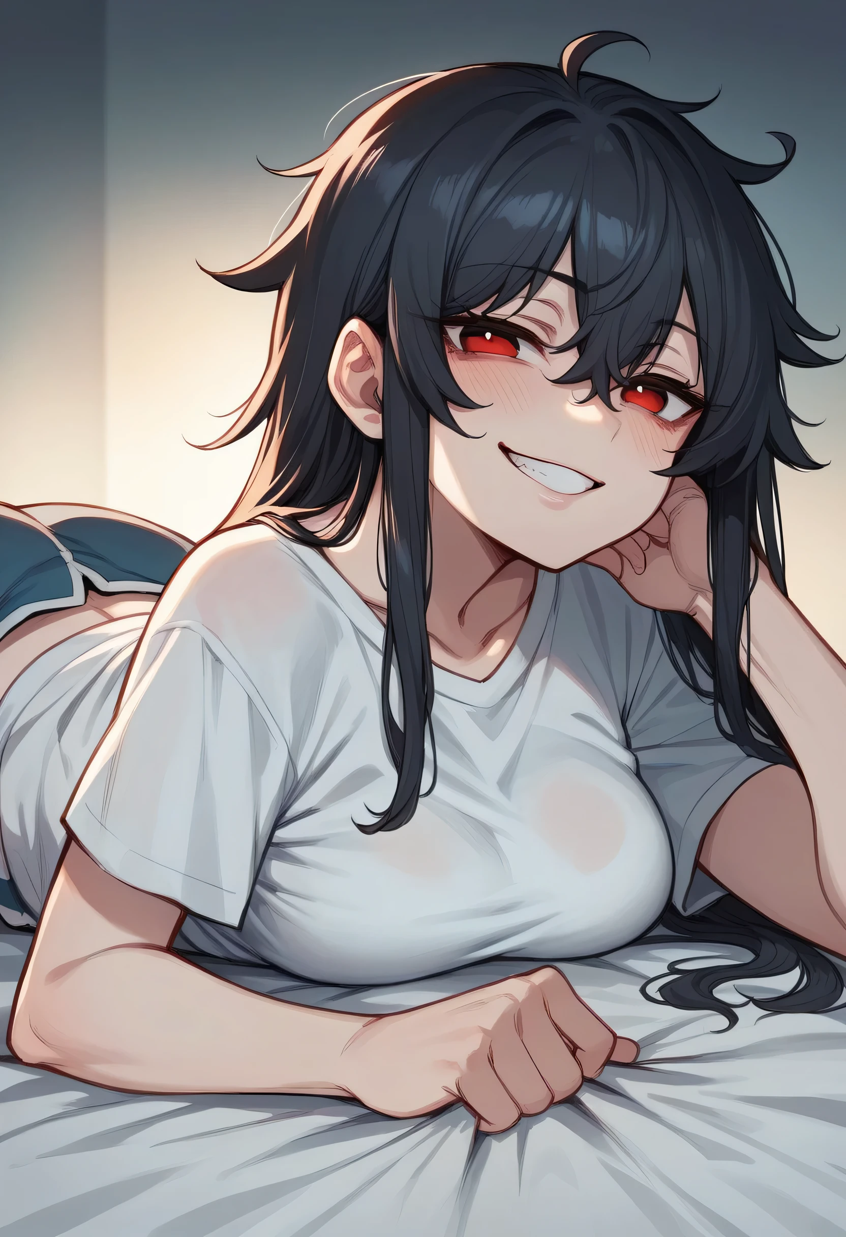 1girl, cloudy eyes, red eyes, close-up, perfect body, perfect anatomy, bedroom, black hair, messy hair, long hair, night, flushed, dolphin_shorts, smug_smile, oversized_t-shirt, medium breasts, laying on stomach 