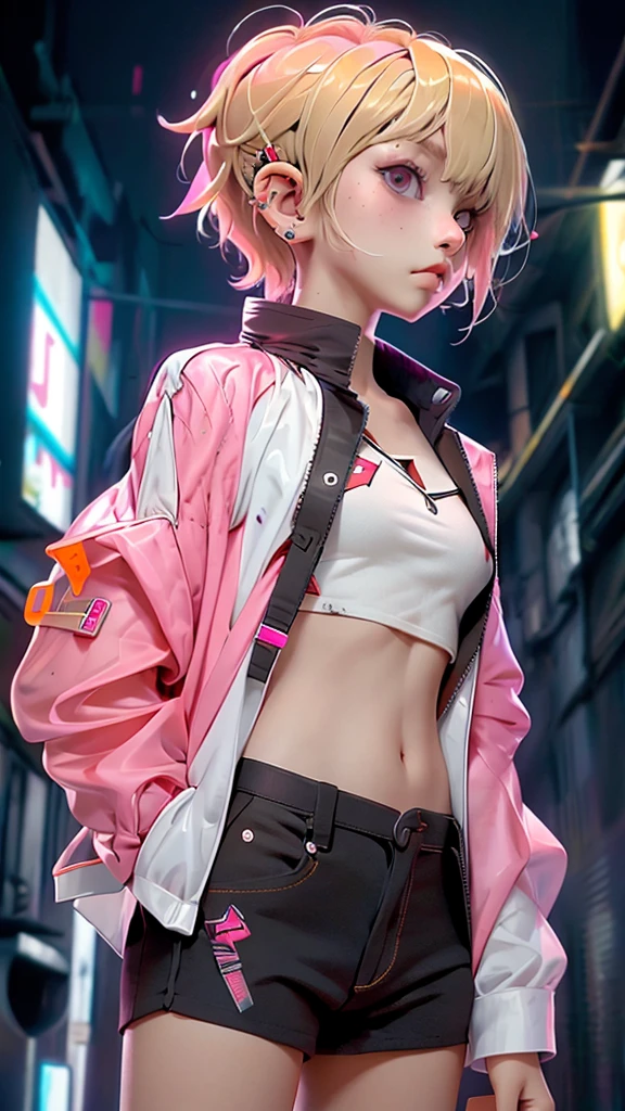 score_9, score_8_up, score_7_up, source_anime BREAK 1boy, solo, nnkk, pink eyes, blonde hair, short hair, white shirt, black jacket