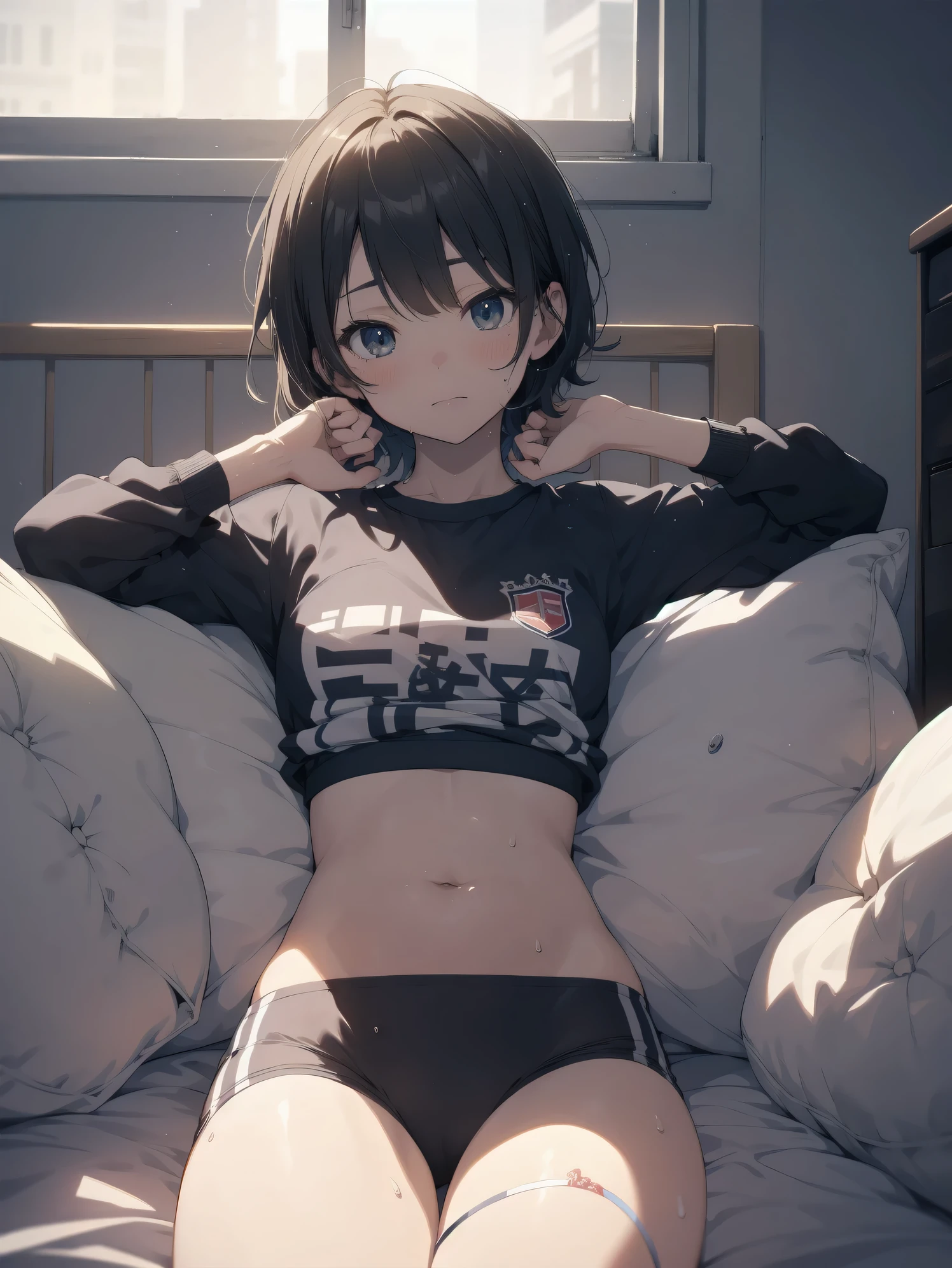 ultra-absurdres-Top quality by artist God, ultra-detailed, high resolution, anime moe artstyle, best anime 8k konachan wallpaper, pixiv contest winner, pool:2810, perfect anatomy,break, 1girl, (Please draw a girl sitting sleepily on bed. )break,(Solo,little female, -yeld:1.Full limbs, complete fingers,a junior hihort hair), short cut, flat chest,groin, small butt, small black eyes, beautiful detailed eyes, well-proportioned iris and pupils, expressive eyes, highres detailed hair, sweat, soft expression, gym uniform, gym shorts, Soft thighs,(Detailed Lighting), (Detailed background), in the bedroom. break,super detailed skin, shiny skin, Best sexuall lighting powered by famous artist, 8k,beauty illustration,photoshop_(medium),very aesthetic,break,((artist:fujima_takuya )), artist:clamp ,artist:carnelian ,artist:kantoku ,
