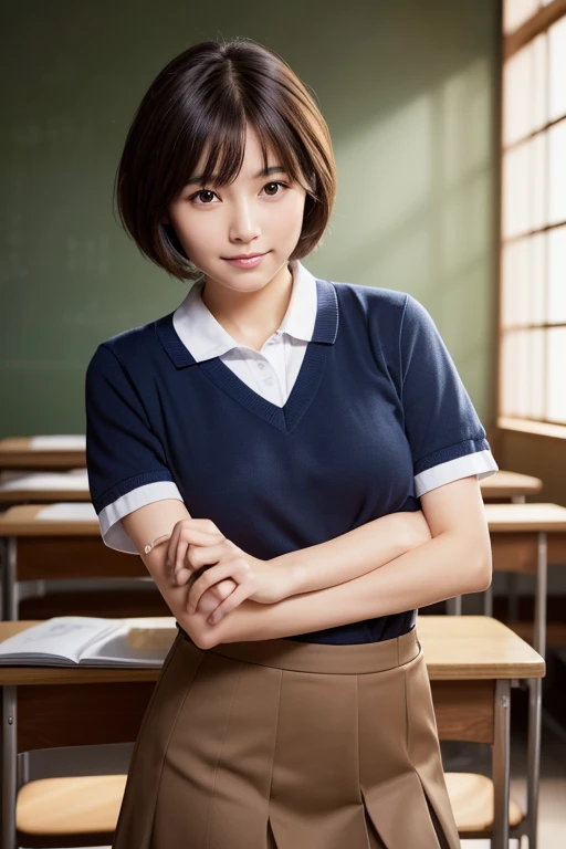 Highest quality, Face Focus, Soft Light, Ultra-high resolution, (Realistic:1.4), RAW Photos, 1 Japanese girl, alone, cute, (A shy smile:0.5), (Brown eyes, Light in your eyes), Beautiful face in every detail, (Small box),(High resolution detail of human skin texture), (Short Bob Hair), break, In the classroom,Navy uniform, Best, skirt