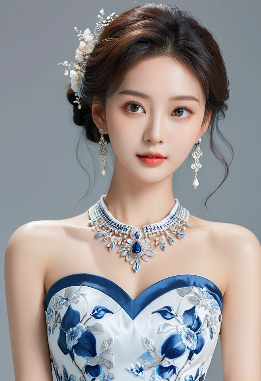 Realistic photo style, whole body 사진에 아름다운 아시아 소녀가 등장합니다., Wearing a unique ethnic style evening gown with delicate skin., bright and lively eyes, Thick eyelashes that look especially attractive. Long dresses are slim and elegant., Eye-catching silver jewelry and alcohol. The high-collar design adds an elegant atmosphere., Color of blue and white porcelain. using light and shadow, The vivid and harmonious appearance of the protagonist is highlighted... whole body, (masterpiece, best quality, professional, perfect composition, very aesthetic, absurd, very detailed, intricate details:1.3)