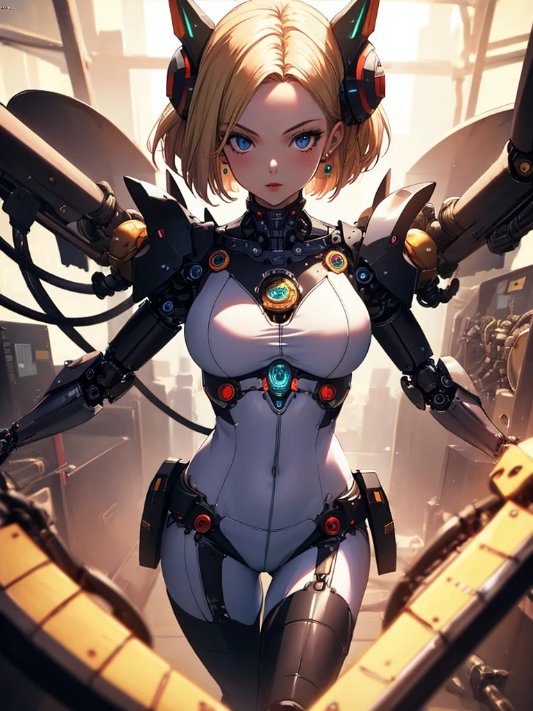 (La best qualityer,A high resolution,ultra - detailed,real),Sabrina Carpenter cyborg, ( yellow mini skirt :1.4), (((hair blue))), WHITE short top,,(Cyberpunk ruined dungeon ruins background :1.4 ), (mechanical vertebrae attached to the back, mechanical cervical fixation to the neck, wires and cables that connect to the head, evangelization, small bright LED lamps:1.4) , 8K more detailed.engine unreal:1.4,ultra HD,La best qualityer:1.4, photorrealistic:1.4, texture skin:1.4, Masterpiece artwork:1.8,Masterpiece artwork, best qualityer,object object], (detailed facial features:1.3),(The correct proportions),(gorgeous blue eyes),  (cowboy pose),( Sabrina Carpenter:1.4), (Sabrina Carpenter V2.1),( Perfect Anatomia:1.4) 