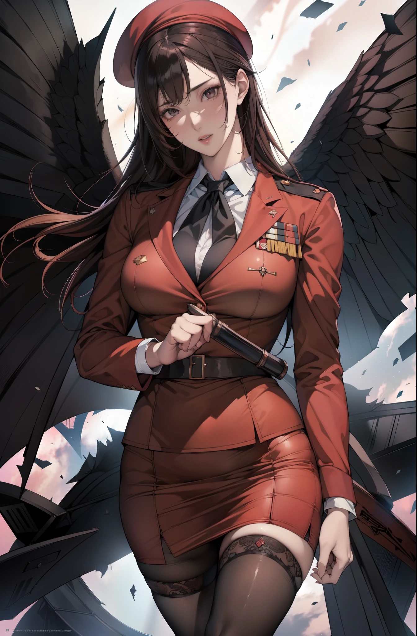 (1.woman, alone), 8k, ((Flying debris)),(((highest quality))),((Very detailed)),((((reality)))), reality:1.37, (ultra-realistic), (High resolution), (Very detailed), (Very detailed wallpaper), (detailed aspects), (Beautiful expression), ((Details highest quality skins:1.2)), ((Reddish cheeks)), (Very detailed background, Detailed Background), All limbs、Full Finger、1 beautiful woman,Mole under the eye、、Sweat、Slender beauty、Straight hair、Brown Hair、((Red military officer jacket、Black pencil skirt、Black Half Stockings、Wearing a black military beret、Black tie、Nameplate、Thin body))、Inside the Military Operations Center、Command Center