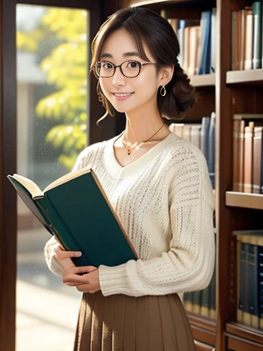 (8k, RAW photo, best quality, masterpiece), (photo realistic), outstanding details, ultra-high resolution, anatomically correct, textured skin, (Extremely precise and accurate ???????),
Ultra Detailed Face, Detailed Eyes, 

A cute Japanese girl, Carrying a few books in the library, 

(looking at viewer), 
(fearless smile:0.1),  (Mouth slightly open),
(lower chignon:1.4), (glasses), 

white simple summer sweater,
dark brown hair, Forehead, 
simple silky flared skirt, Light brown skirt, Midi length skirt, 
Earrings, Necklace, 

(background Spacious library interior, many bookshelves), 
(backlighting), 
reflection light from below, 
atmospheric perspective, depth of field, 
(dramatic lighting), cinematic lighting, 