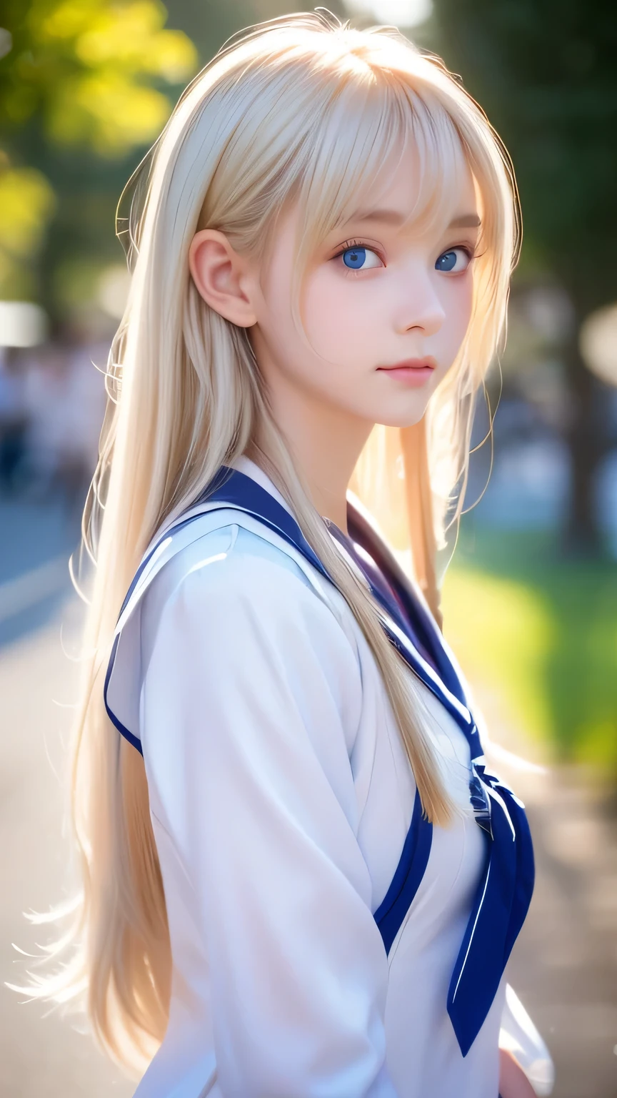 Bust Shot、The most beautiful girls of Nordic、Beautiful, lustrous silk skin that shines white like snow、、Adorable cute beautiful face、（Bright expression）、Beautiful eyes and shiny blonde hair between the eyes、Beautiful large, very bright light blue eyes covered by bangs、Cute beautiful young woman。Golden, bright, straight, platinum blonde, silky, super long hair、A beautiful girl who looks great in a Japanese sailor uniform、Cheek highlighter、Small Face Beauty、Round face