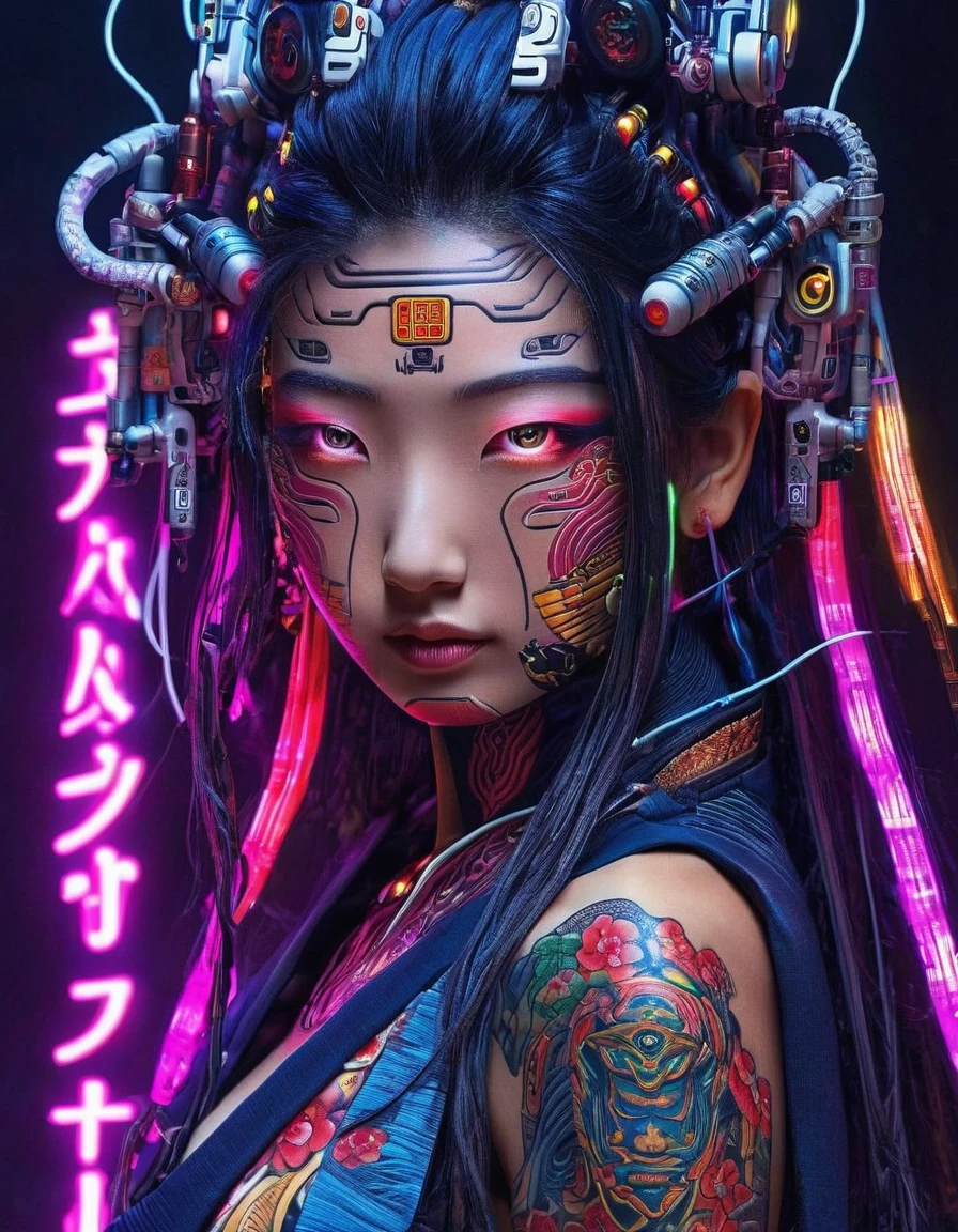 High technology, futuristic, cyborg girl, (photorealistic:1.4), long hair made of cables, robotic, lots of computer cables in the bacground, ultra high res, uhd, 8k, neon lights, japanese culture, kimono, jspanese demon

、asianbeauty、8k、4K、real、Realism、reality、Ultra HD、Asian、beautiful girl、High Quality、Highvision、Hyperdetail、Tattoos on the face、Japanese Tattoo、Japanesetattoo


、Full Body Shot、long shot.Glowing Eyes、



Thousand-Armed Kannon Bodhisattva

