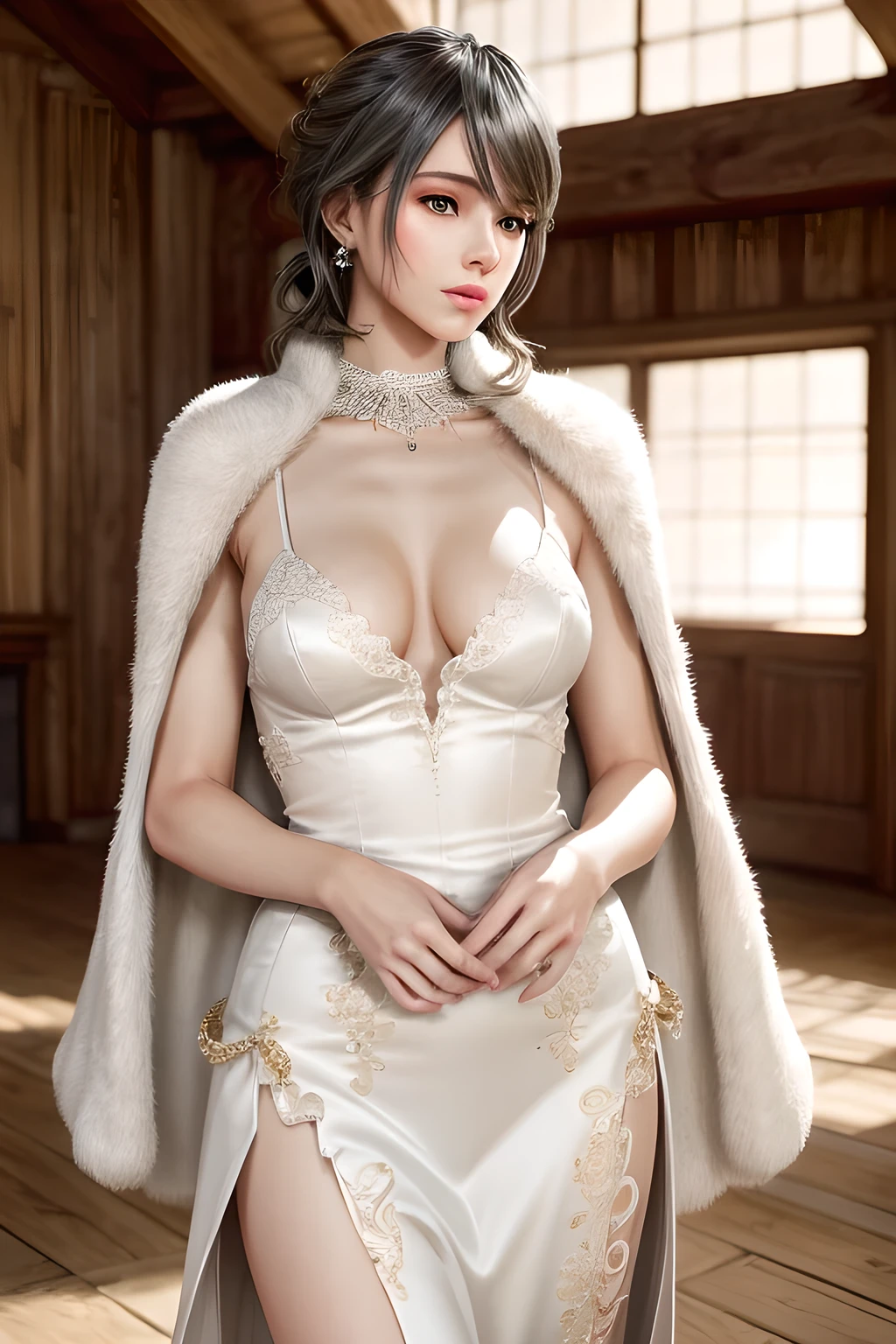 A lady with extraordinary temperament, she stands in a modern indoor space, as if she is a model from a fashion magazine. She is wearing a (pure white long fur cape), the softness and luster of which makes her look more noble under the light, and complements her (beige dress) underneath, showing her gentle temperament while maintaining a sense of fashion. The style of the dress is simple and generous, a perfect match, and it lengthens her figure, making her tall and charming. The lady's makeup is delicate and elegant, which just highlights her facial features and makes people unforgettable at first sight. Although the earrings and necklace she wears are not ostentatious, they add a bit of sophistication and nobility to her overall look. Her hair is casually draped over her shoulders, and every strand of hair exudes a natural luster,, (best quality,8k,highres,masterpiece:1.2),ultra-detailed,(realistic,photorealistic,photo-realistic:1.37),studio lighting,ultra-fine painting,sharp focus,physically-based rendering,extreme detail description,professional,vivid colors