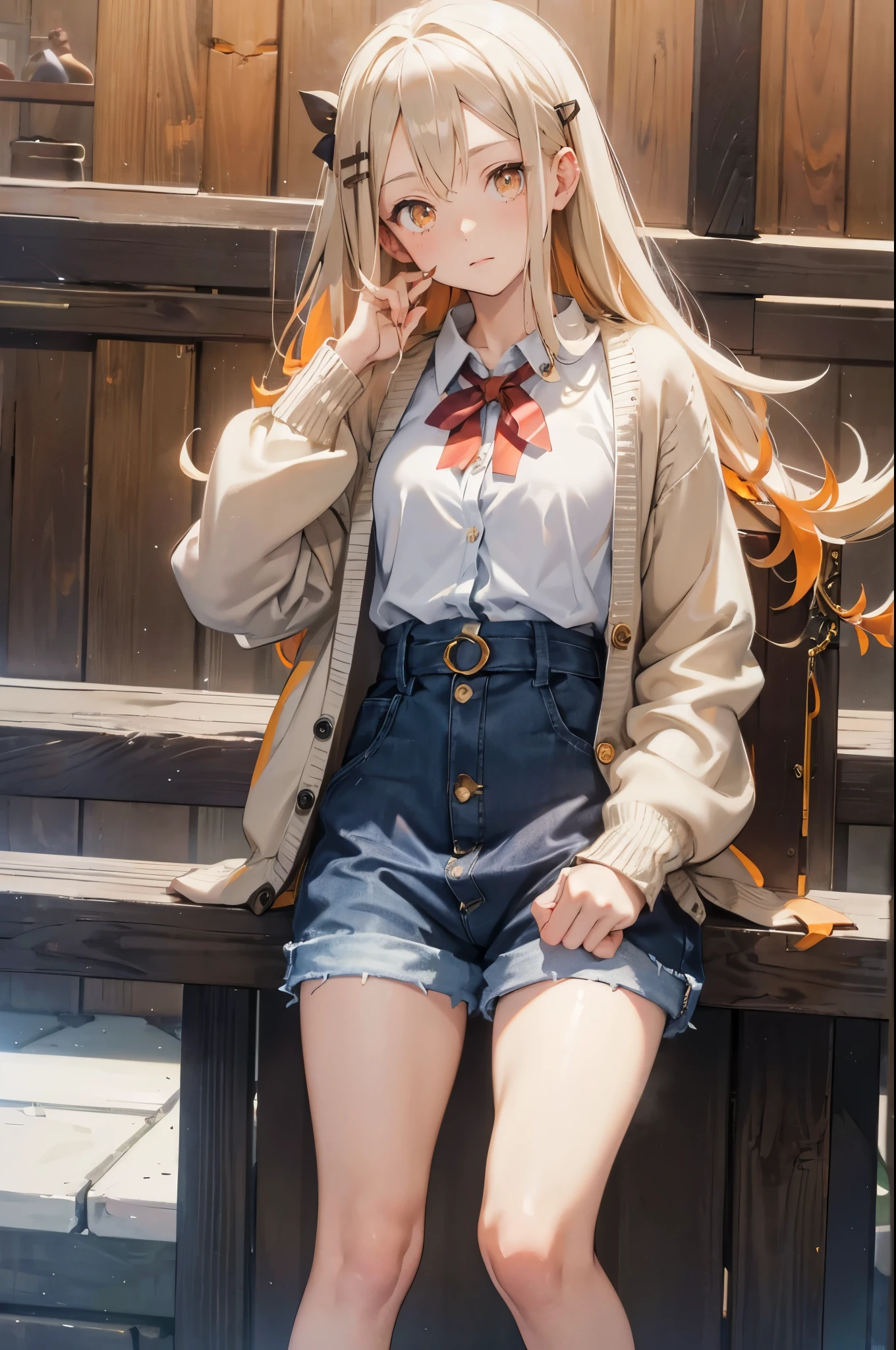 masterpiece, ultra detailed, 8k portrait, RAW photo, portrait photography, Highly detailed face, beautiful and meticulous eyes, (amber color eyes:1.5), , standing by the theme park, (white short shirt) and (blue Low-rise shorts), navel, (put on knee length long white summer cardigan:1.5), cute girl, long hair, (cream color long hair:1.5), hairpin, young girl, 1girl, cute girl, pretty girl, portrait of cute girl, slim:1.5,