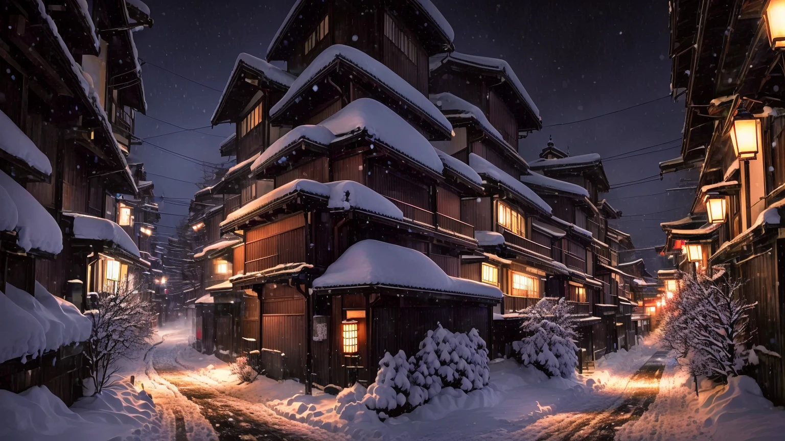 Snowy Night scene of a street with a bridge and buildings, Japanese Street, in a Japanese Street at night, Snowy Night, inspired by Kaii Higashiyama, Or Japan, Snow glow, Inspired by Shosen-in Kano, Nighttime snowfall, Japanese city at night, Luxury hot spring, Japanese Village, inspired by Tōshi Yoshida