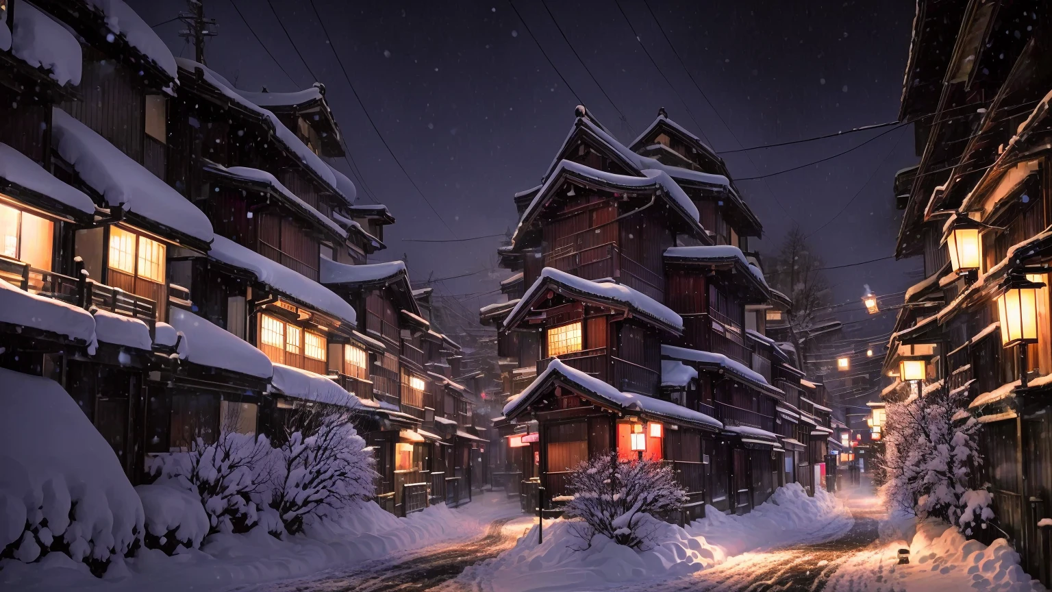 Snowy Night scene of a street with a bridge and buildings, Japanese Street, in a Japanese Street at night, Snowy Night, inspired by Kaii Higashiyama, Or Japan, Snow glow, Inspired by Shosen-in Kano, Nighttime snowfall, Japanese city at night, Luxury hot spring, Japanese Village, inspired by Tōshi Yoshida