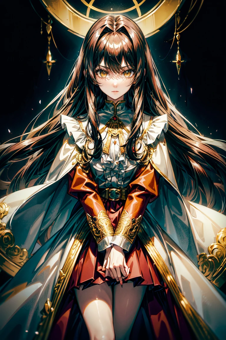 A female anime character with long, dark hair parted in the middle and large, expressive anime-style yellow eyes. Her outfit is elaborate, featuring a color scheme of dark red and gold with white accents. She wears a long-sleeved, dark red jacket with gold trim and intricate designs, open at the front to reveal a white blouse with a ruffled front. A brown leather belt with a large, ornate gold buckle. The skirt is a deep burgundy with a white apron-like panel in the front. Complete her attire with dark stockings and knee-high, shiny red boots with gold trim at the top.