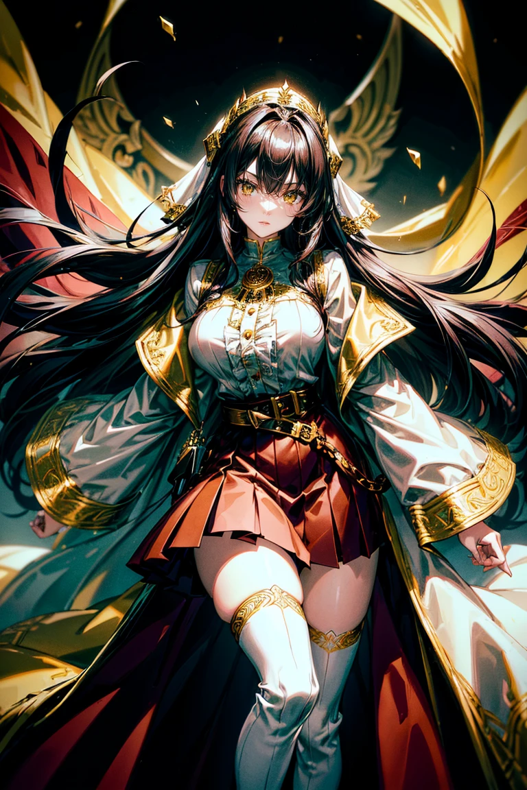 A female anime character with long, dark hair parted in the middle and large, expressive anime-style yellow eyes. Her outfit is elaborate, featuring a color scheme of dark red and gold with white accents. She wears a long-sleeved, dark red jacket with gold trim and intricate designs, open at the front to reveal a white blouse with a ruffled front. A brown leather belt with a large, ornate gold buckle. The skirt is a deep burgundy with a white apron-like panel in the front. Complete her attire with dark stockings and knee-high, shiny red boots with gold trim at the top.