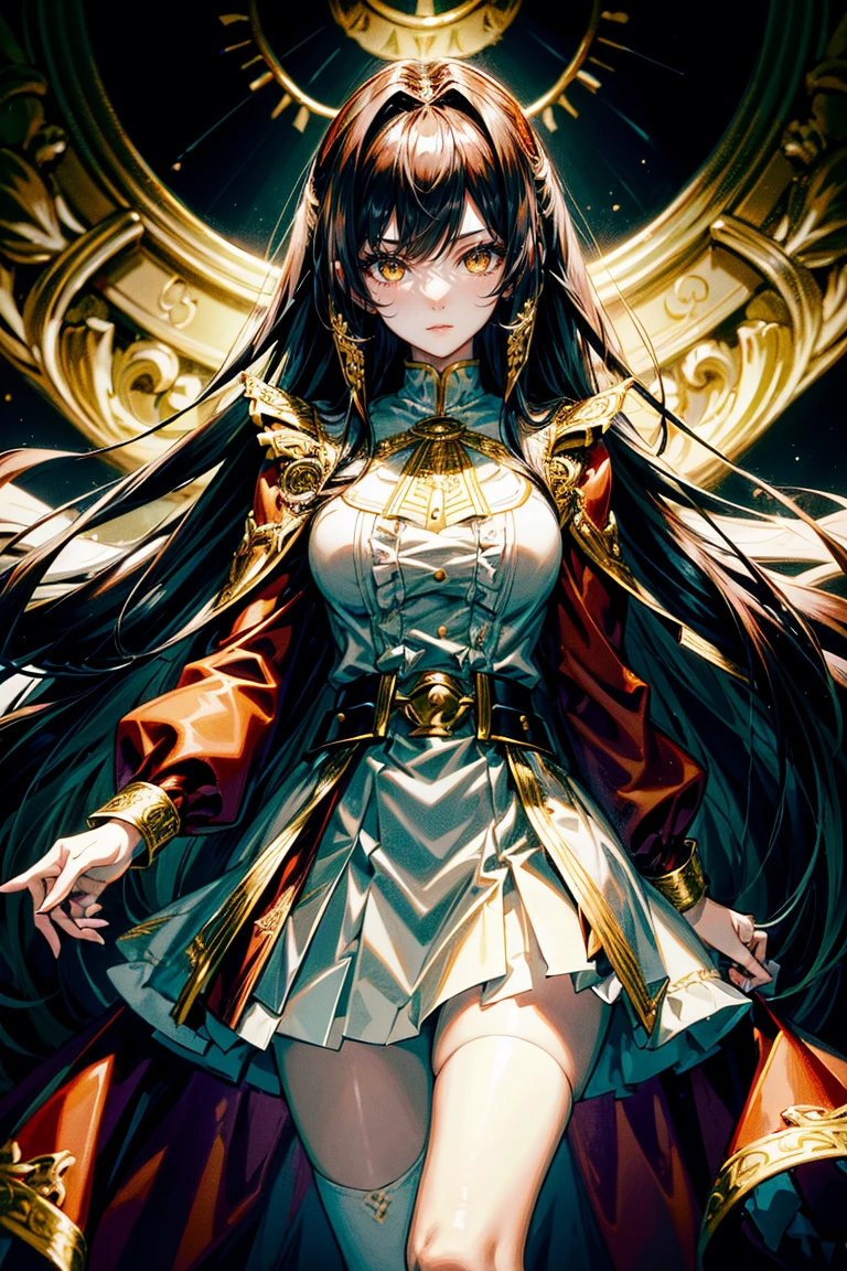 A female anime character with long, dark hair parted in the middle and large, expressive anime-style yellow eyes. Her outfit is elaborate, featuring a color scheme of dark red and gold with white accents. She wears a long-sleeved, dark red jacket with gold trim and intricate designs, open at the front to reveal a white blouse with a ruffled front. A brown leather belt with a large, ornate gold buckle. The skirt is a deep burgundy with a white apron-like panel in the front. Complete her attire with dark stockings and knee-high, shiny red boots with gold trim at the top.