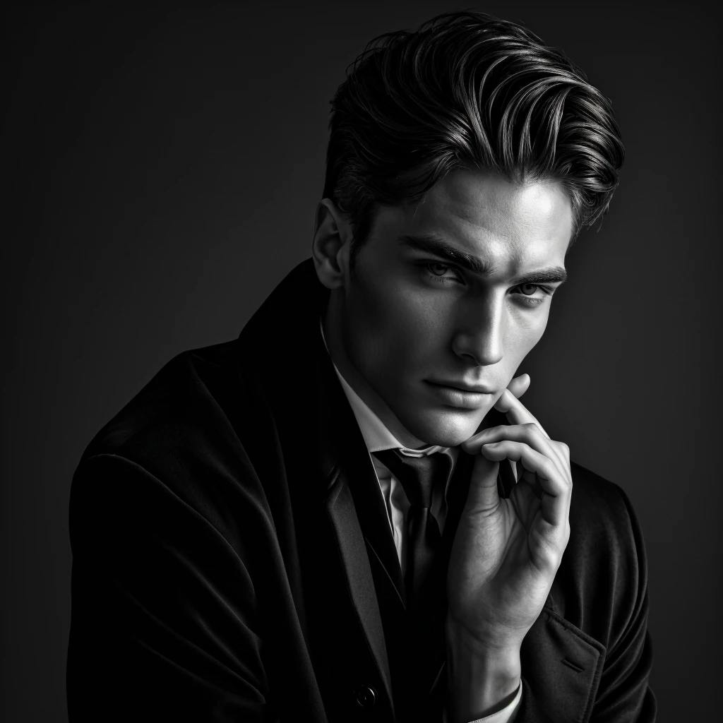 masterpiece, Best quality, high quality, чрезвычайно подробный CG unit 8k wallpaper, Black and white photo, noir, close-up of a man in a coat, looking into the distance, I look in his direction, handsome, doing the Bateman look, really beautiful face!!, slightly defined jawline, Very cute, Extremely beautiful, ridiculously handsome, Masculine and handsome, Handsome and attractive, clearly defined jawline, Black and white photo, noir,