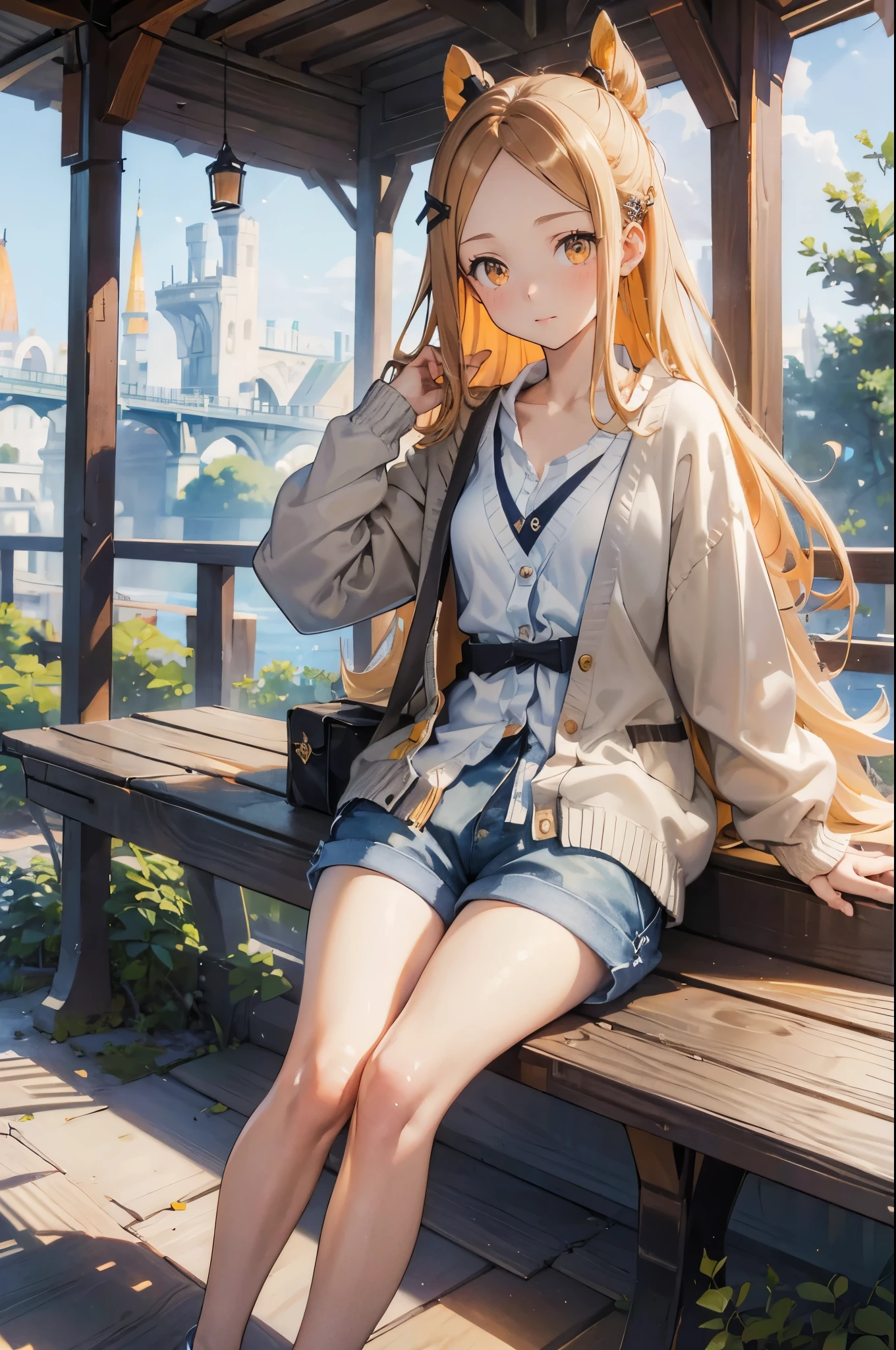 masterpiece, ultra detailed, 8k portrait, RAW photo, portrait photography, Highly detailed face, beautiful and meticulous eyes, (amber color eyes:1.5), , standing by the theme park, (white short shirt) and (blue Low-rise shorts), navel, (put on knee length long white summer cardigan:1.5), cute girl, long hair, (cream color long hair:1.5), hairpin, young girl, 1girl, cute girl, pretty girl, portrait of cute girl, slim:1.5,
