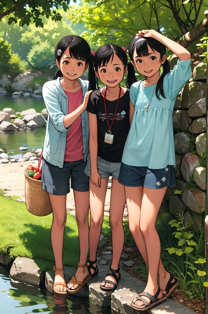 masterpiece, Highest quality,Multiple Girls, Three Girls, fruits, food, watermelon, water, Sandals, Have, Black Hair, Hair ties, Shorts, skirt, river, short hair, dappled sunlight, hair band, smile, Outdoor, straw Have, hair ornaments, dress, stream, Open your mouth, nature, rock, water遊び, sunlight, Long Hair, Twin tails, water玉模様