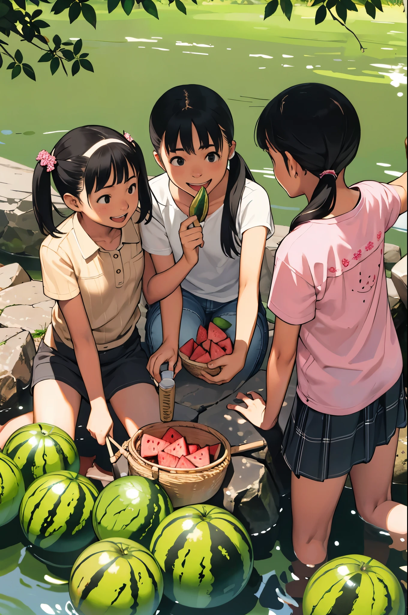 masterpiece, Highest quality,Multiple Girls, Three Girls, fruits, food, watermelon, water, Sandals, Have, Black Hair, Hair ties, Shorts, skirt, river, short hair, dappled sunlight, hair band, smile, Outdoor, straw Have, hair ornaments, dress, stream, Open your mouth, nature, rock, water遊び, sunlight, Long Hair, Twin tails, water玉模様