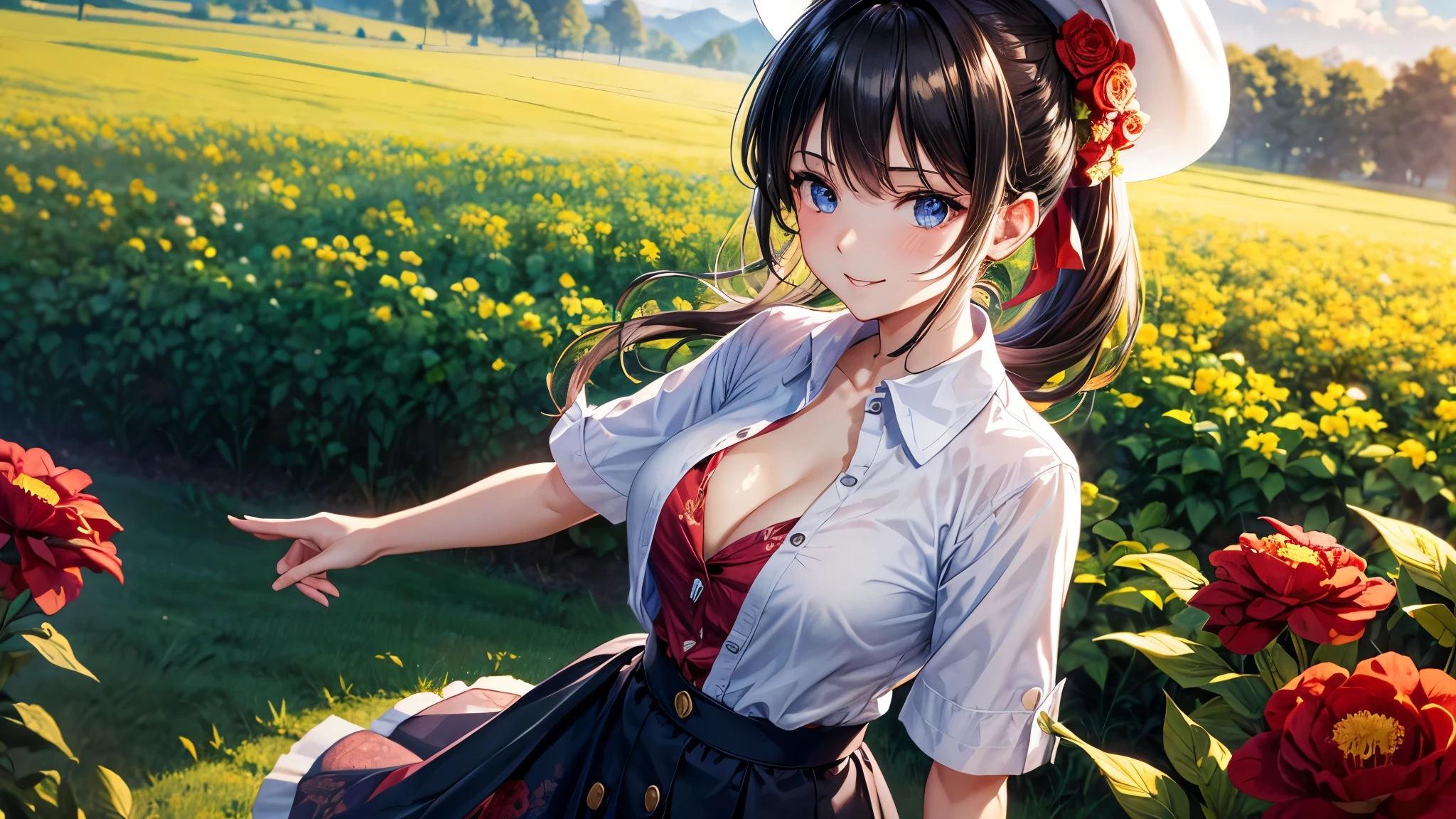 1girl, solo, rural landscape, village, trees, sun, clouds, fantasy, black hair, ponytail, large breasts, button down shirt, ((red floral pattern shirt)), ((short sleeved shirt)), ((unbuttoned shirt)), popping buttons, unbuttoning buttons, cleavage 1:3, blue eyes, dark skirt, smile, looking at the viewer, standing, hair ribbon, golden necklate, elegant white hat