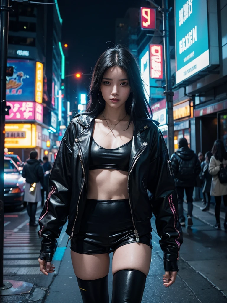 Jennie from Blackpink, realistic Korean kpop idol in a city, elegant clothing with neon lights, neon glasses, neon lights, vehicles in the background, 3D futuristic, 4k, holding a sword, detailed facial features, intricate hairstyle, dramatic lighting, vibrant colors, cinematic composition, seamless integration of digital and physical elements, photorealistic rendering, dramatic pose, confident expression, dynamic action, complex background elements, seamless blending of styles