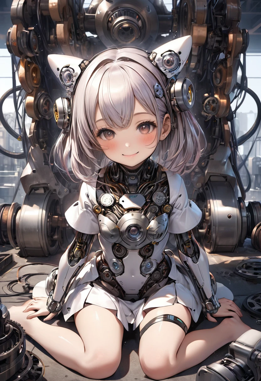 a cute mechanical life form girl:1.4,wariza, shy smile, sci-fi,steel,gears,wires,android,cyborg,machinery,industrial, 