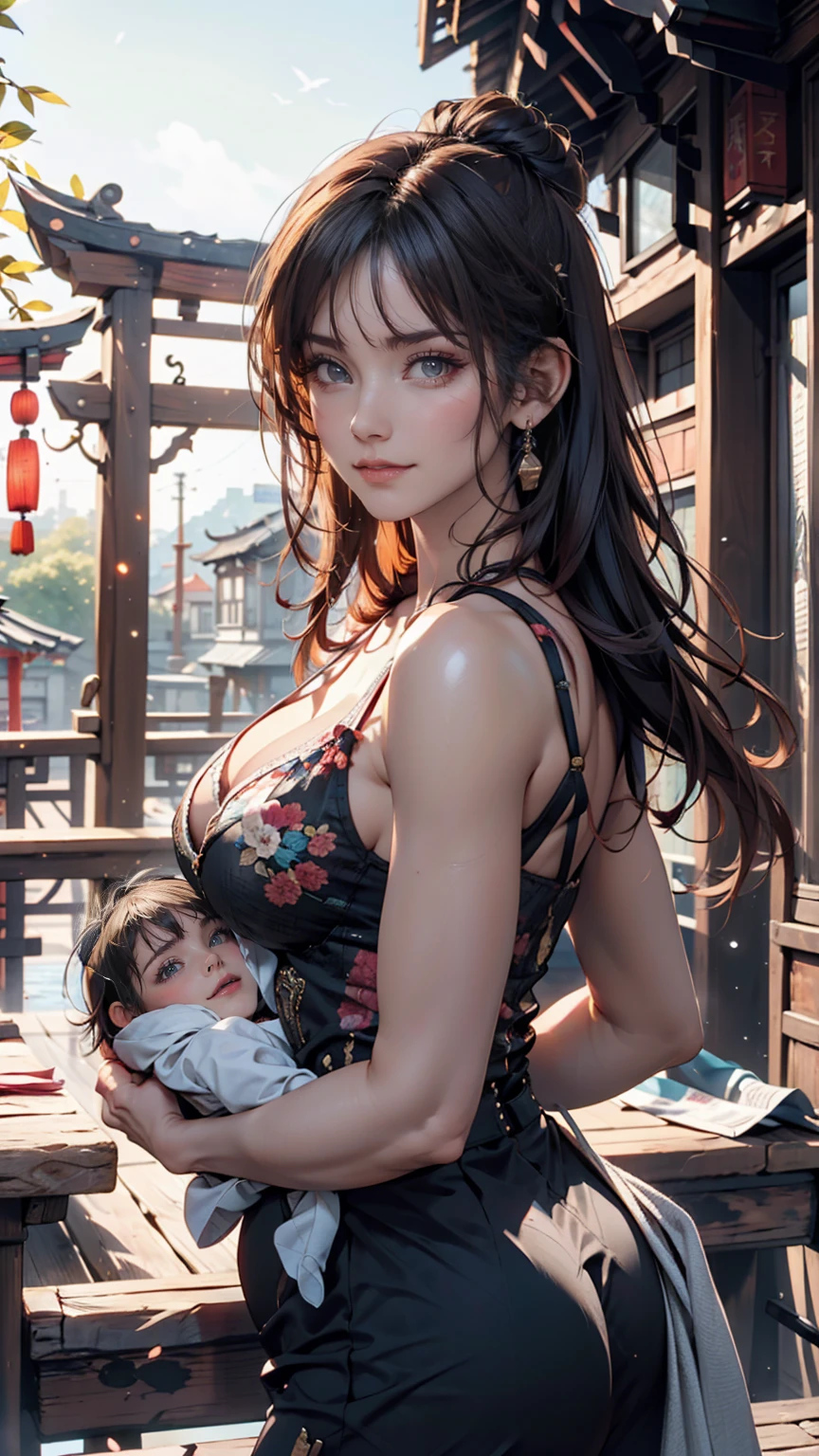 {{masterpiece, Highest quality, Highly detailed CG, unity 8k wallpaper, Cinema Lighting}}, Traditional Chinese Ink Painting, One girl, 1 Baby, Young woman holding baby, whole body, ancient architecture, blue sky, sunny day, wooden building, Famous protagonists, smile, Big eyes, Beautiful attention to detail, (Big Breasts, Cleavage), Round ass, Looking at the audience, Long eyelashes,