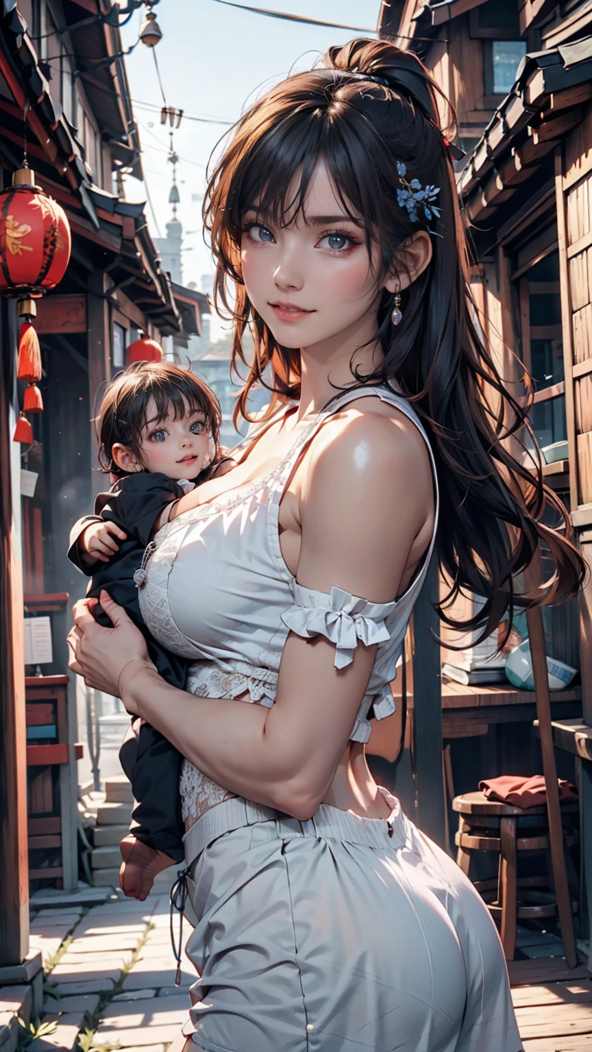 {{masterpiece, Highest quality, Highly detailed CG, unity 8k wallpaper, Cinema Lighting}}, Traditional Chinese Ink Painting, One girl, 1 Baby, Young woman holding baby, whole body, ancient architecture, blue sky, sunny day, wooden building, Famous protagonists, smile, Big eyes, Beautiful attention to detail, (Big Breasts, Cleavage), Round ass, Looking at the audience, Long eyelashes,