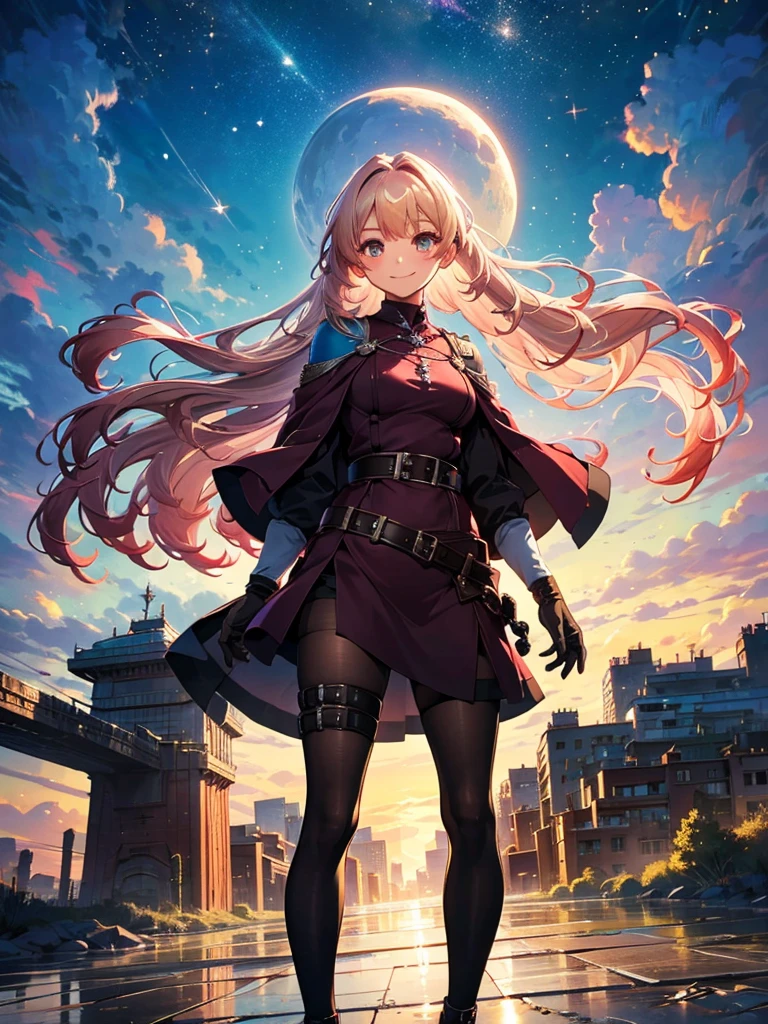 （A fantastical landscape in which a geometric magic circle covers the sky), Guess face, 邪悪なsmile, From below, Sitting, Crossing your legs, Braided hair, Wearing black tights,squat, hands on knees,, (Desolate desert background) , Highest quality,((Highest quality)),((Tabletop)),((Perfect Face)),1 girl,blonde,Rainbow Eyes,smile,beauty,((Holographic)),(masterpiece:1.2, Highest quality),(Colored Background) (Beautiful attention to detail: 1.2), (Very detailedな CG Unity 8K 壁紙, masterpiece, Highest quality, Very detailed, Best Shadow), (Detailed Background), sketch,Cinematic,Like the cover of the movie