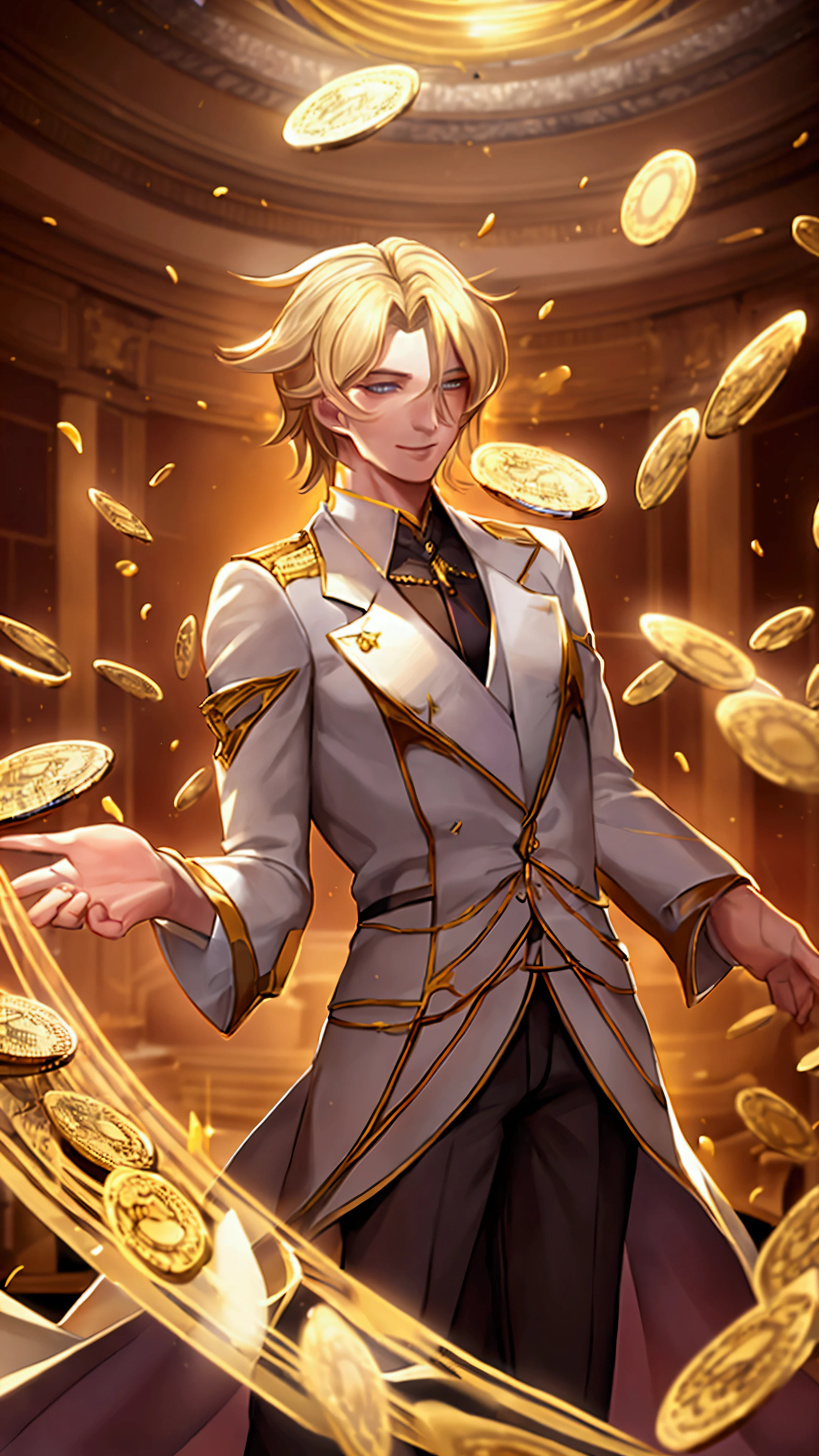 a young man with blond hair standing in a casino with coins falling from the sky, his arms outstretched and laughing, beautiful detailed face, extremely detailed eyes and face, longeyelashes, photorealistic, 8k, highres, masterpiece, ultra-detailed, vivid colors, dramatic lighting, cinematic composition, epic scale, fantasy, surreal, digital art