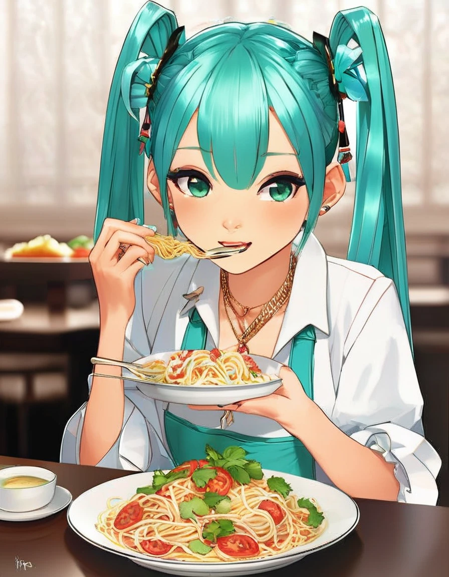 Will Smith with a very handsome Hatsune Miku hairstyle eating spaghetti