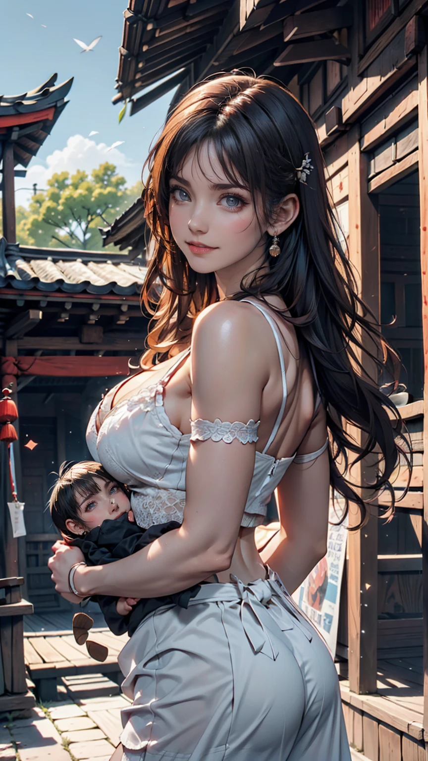 {{masterpiece, Highest quality, Highly detailed CG, unity 8k wallpaper, Cinema Lighting}}, Traditional Chinese Ink Painting, One girl, 1 , Young woman holding babyole body, ancient architecture, blue sky, sunny day, wooden building, Famous protagonists, smile, Big eyes, Beautiful attention to detail, (Big Breasts, Cleavage), Round ass, Looking at the audience, Long eyelashes,