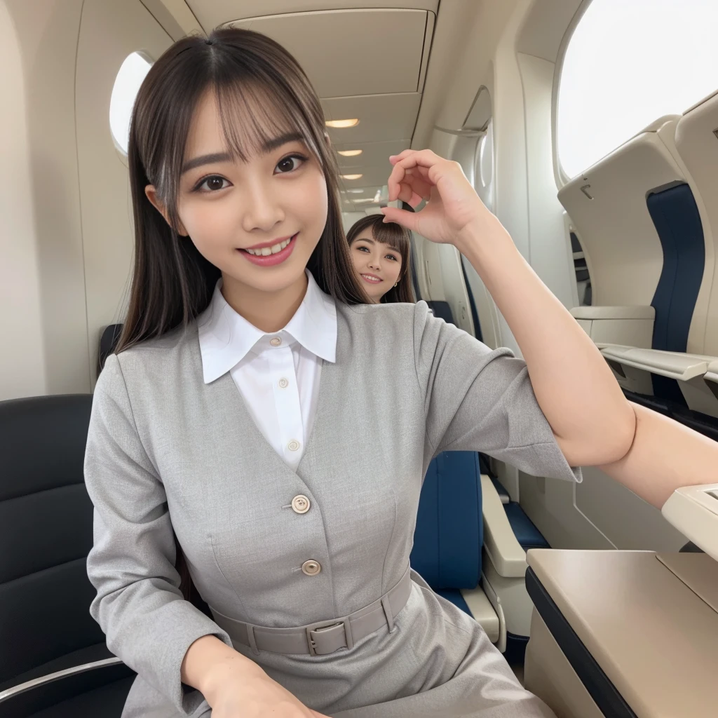 ((Highest quality、Tabletop、8k、Best image quality、Hyperrealism))、1 female stewardess、walk gracefully down the aisle、Upper body photo、(The background is the first class aisle of an airplane..)、Luxurious interior decoration、(The perfect and most natural stewardess uniform:1.3)、Exposing the forehead、Hair Bun、Big and ample breasts、Biggest Smile、white big teeth、Perfect Makeup、Long eyelashes、Please look at me、Have the best smile、Perfect Anatomy、Bright lighting