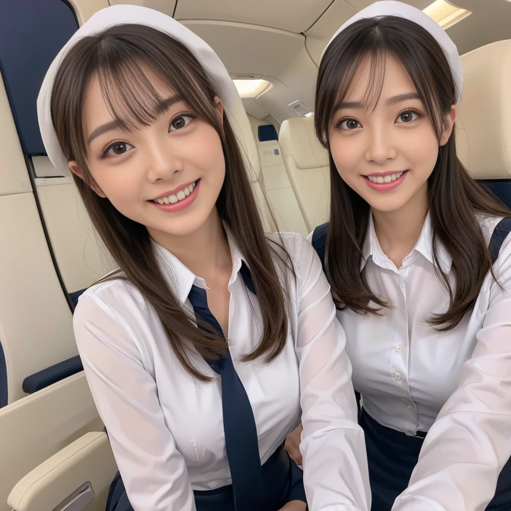 ((Highest quality、Tabletop、8k、Best image quality、Hyperrealism))、1 female stewardess、walk gracefully down the aisle、Upper body photo、(The background is the first class aisle of an airplane..)、Luxurious interior decoration、(The perfect and most natural stewardess uniform:1.3)、Exposing the forehead、Hair Bun、Big and ample breasts、Biggest Smile、white big teeth、Perfect Makeup、Long eyelashes、Please look at me、Have the best smile、Perfect Anatomy、Bright lighting