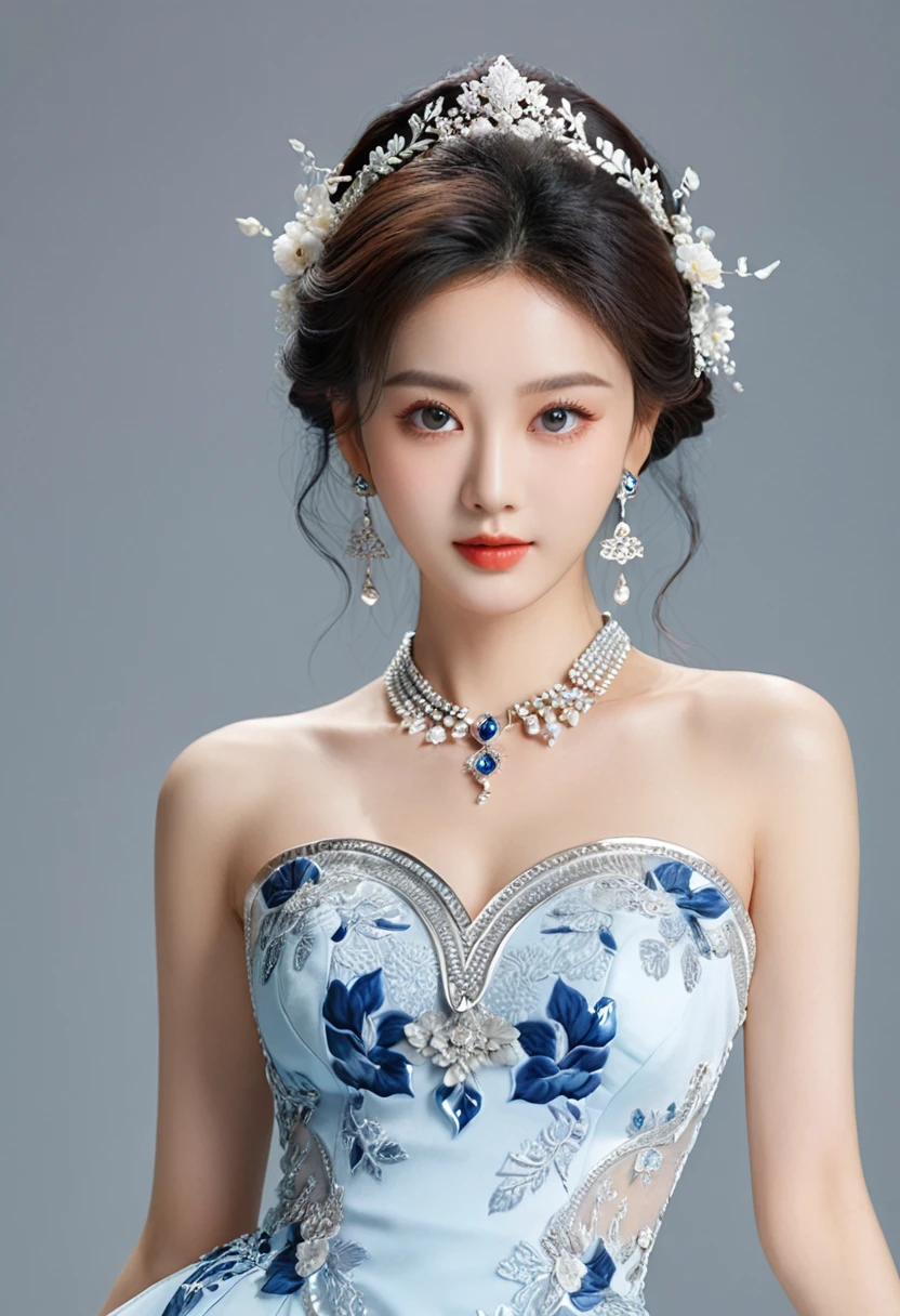 Realistic photo style, whole body 사진에 아름다운 아시아 소녀가 등장합니다., Wearing a unique ethnic style evening gown with delicate skin., bright and lively eyes, Thick eyelashes that look especially attractive. Long dresses are slim and elegant., Eye-catching silver jewelry and alcohol. The high-collar design adds an elegant atmosphere., Color of blue and white porcelain. using light and shadow, The vivid and harmonious appearance of the protagonist is highlighted... whole body, (masterpiece, best quality, professional, perfect composition, very aesthetic, absurd, very detailed, intricate details:1.3)